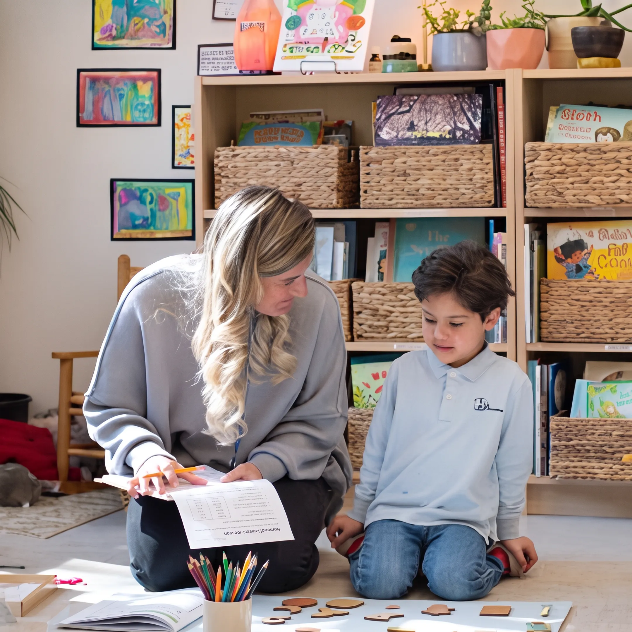 Parent and child learning together at home with homeschool materials
