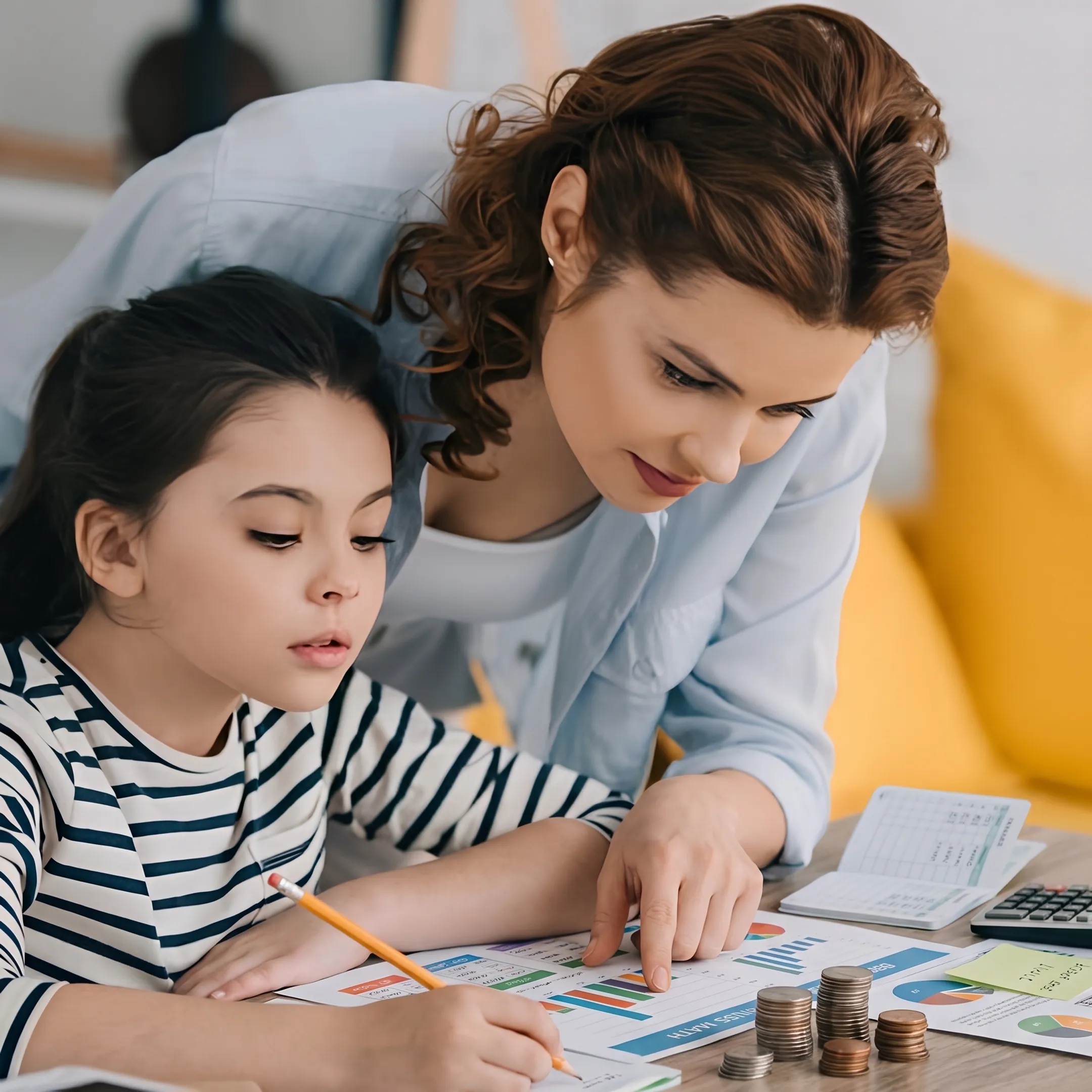 Parent and child studying business math at home