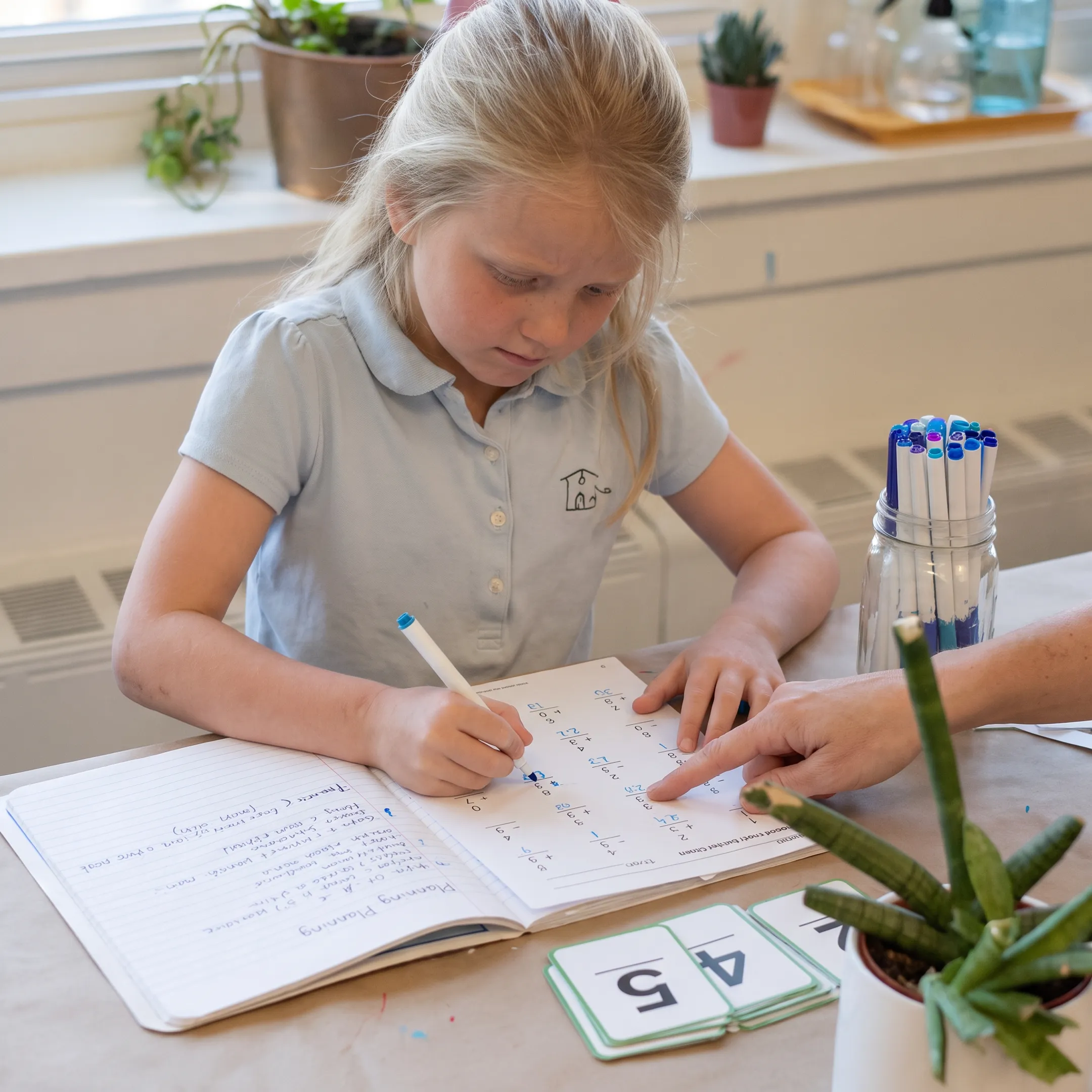 Child completing practical math lesson at home