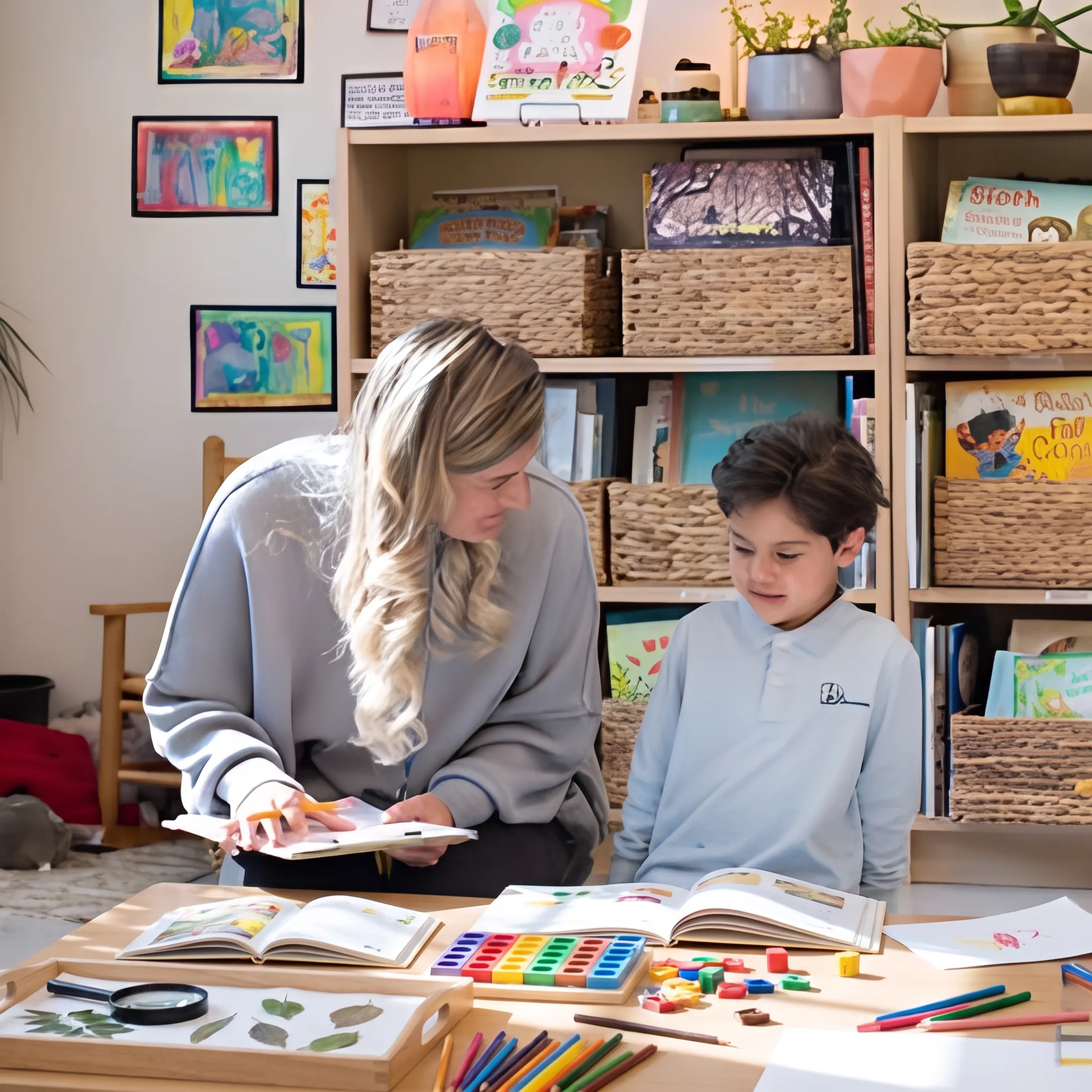 Parent guiding child through a homeschool lesson at home