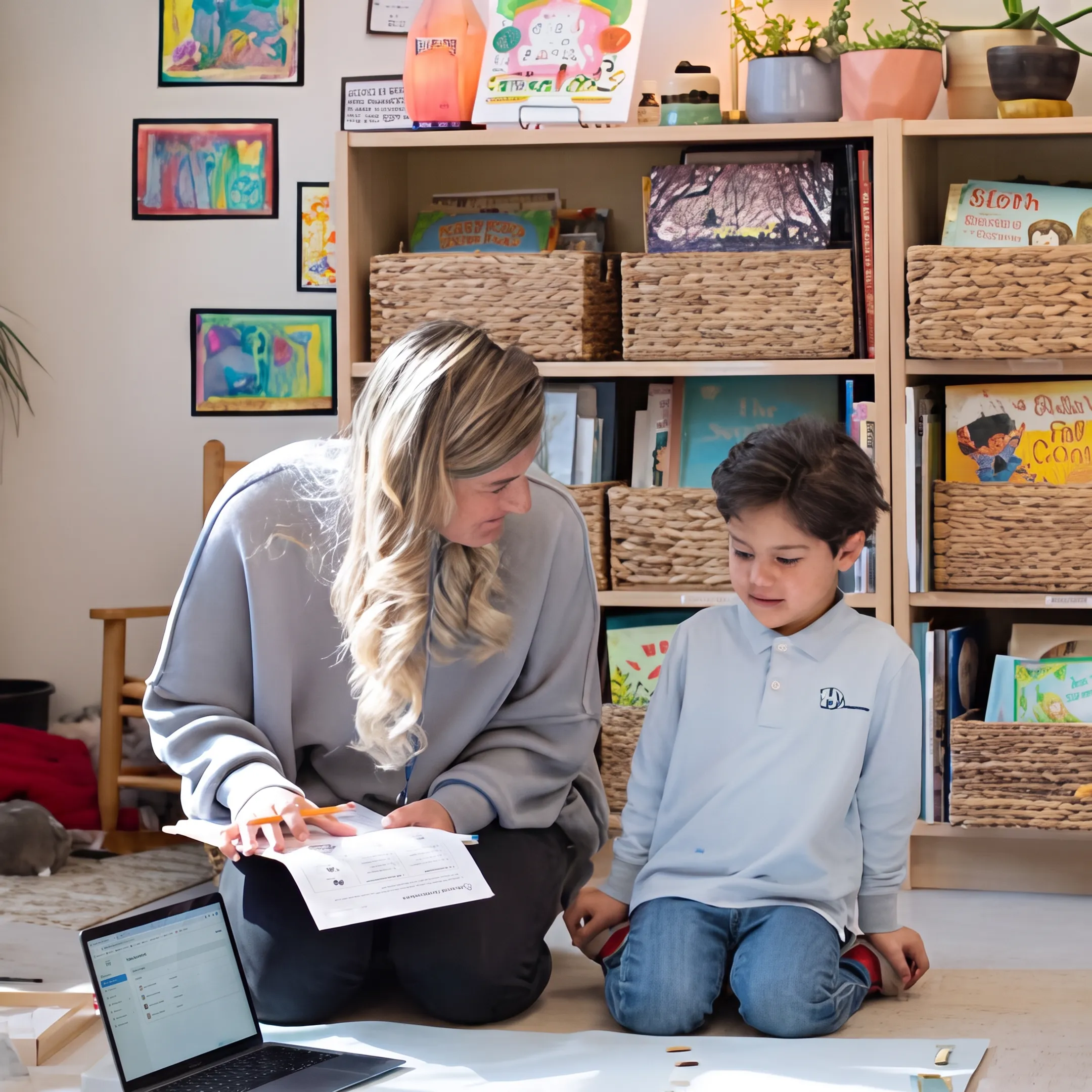 Parent comparing homeschool curriculum resources with a child at home