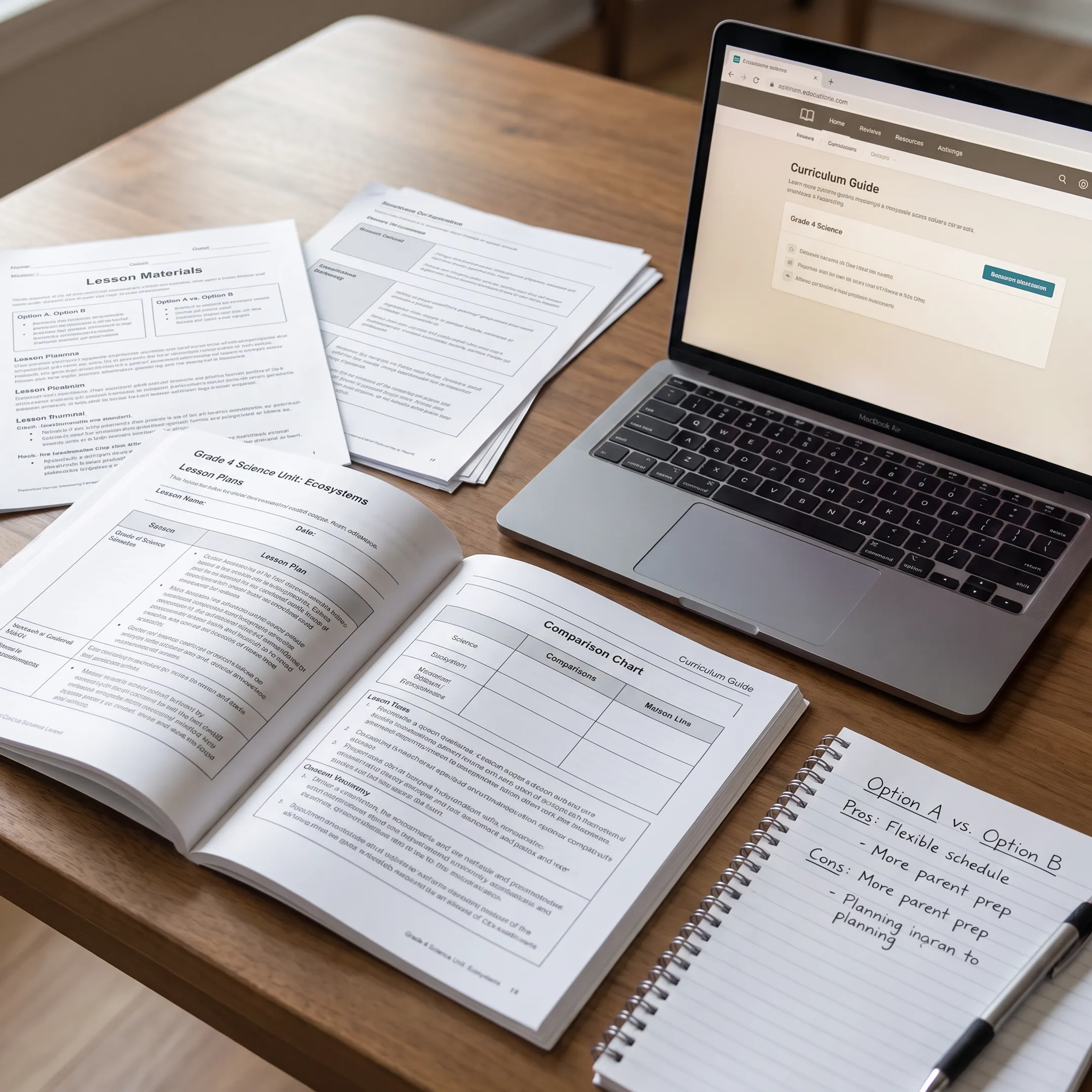 Homeschool curriculum comparison materials arranged on a table