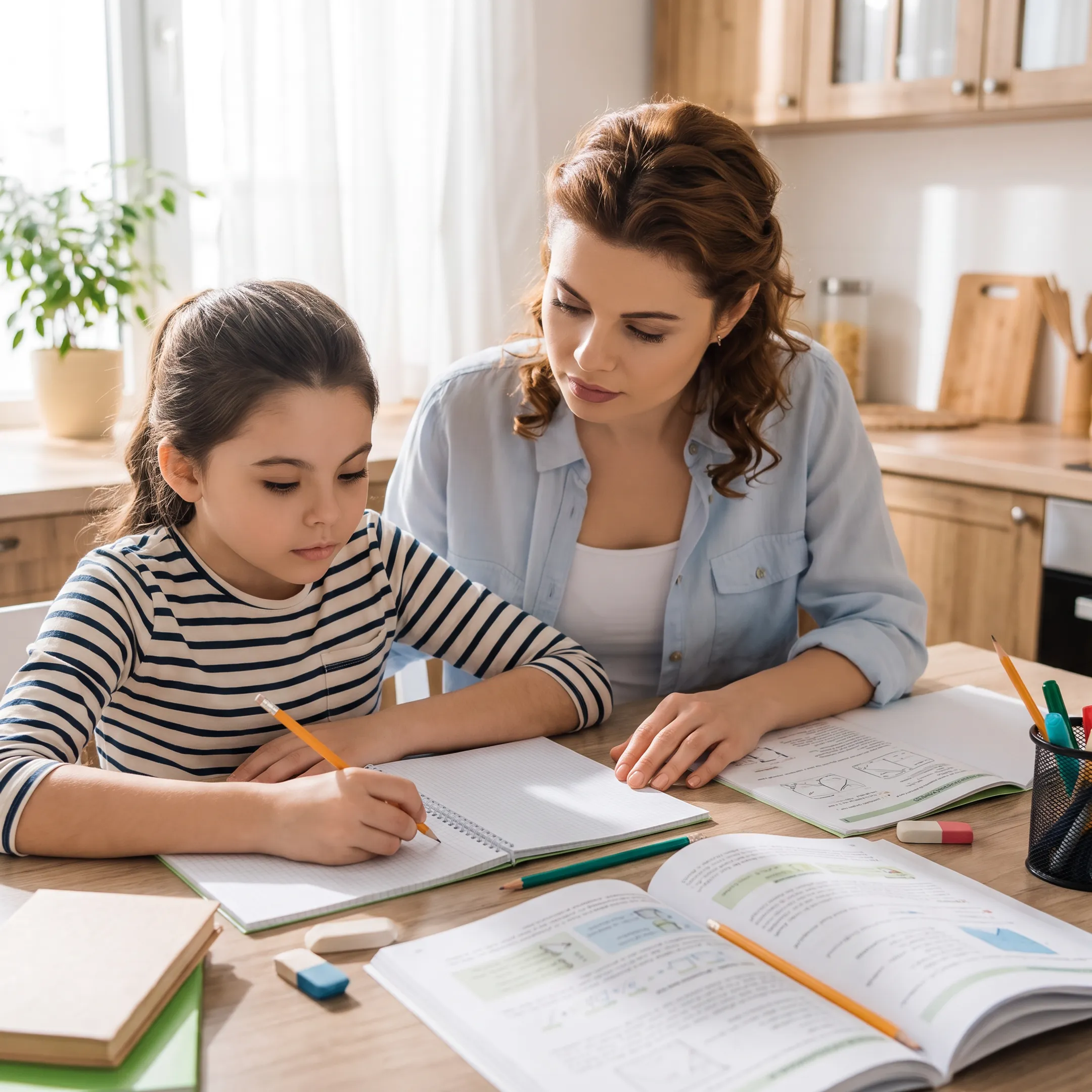 Parent and child reviewing homeschool lessons at home