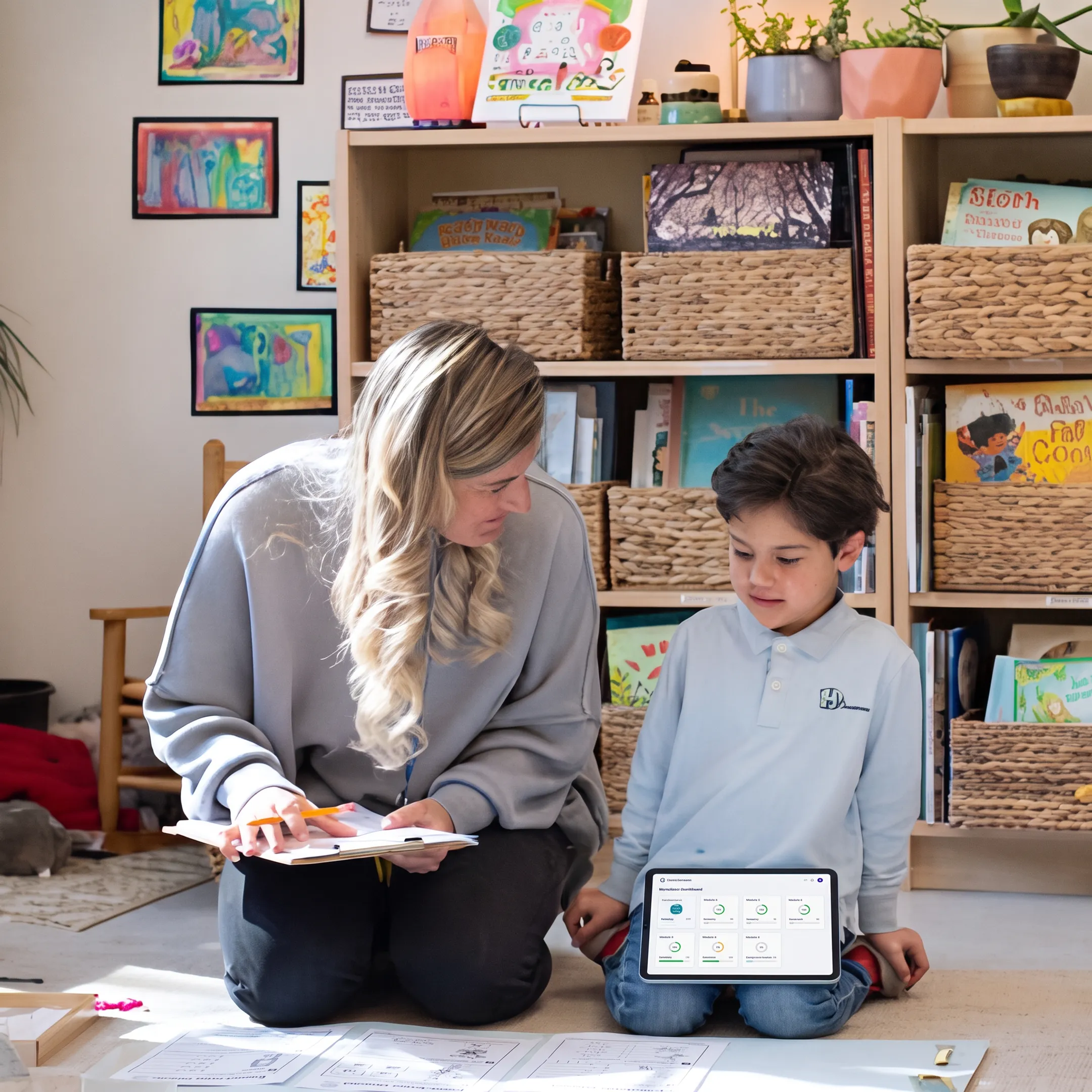 Parent and child exploring a homeschool curriculum at home