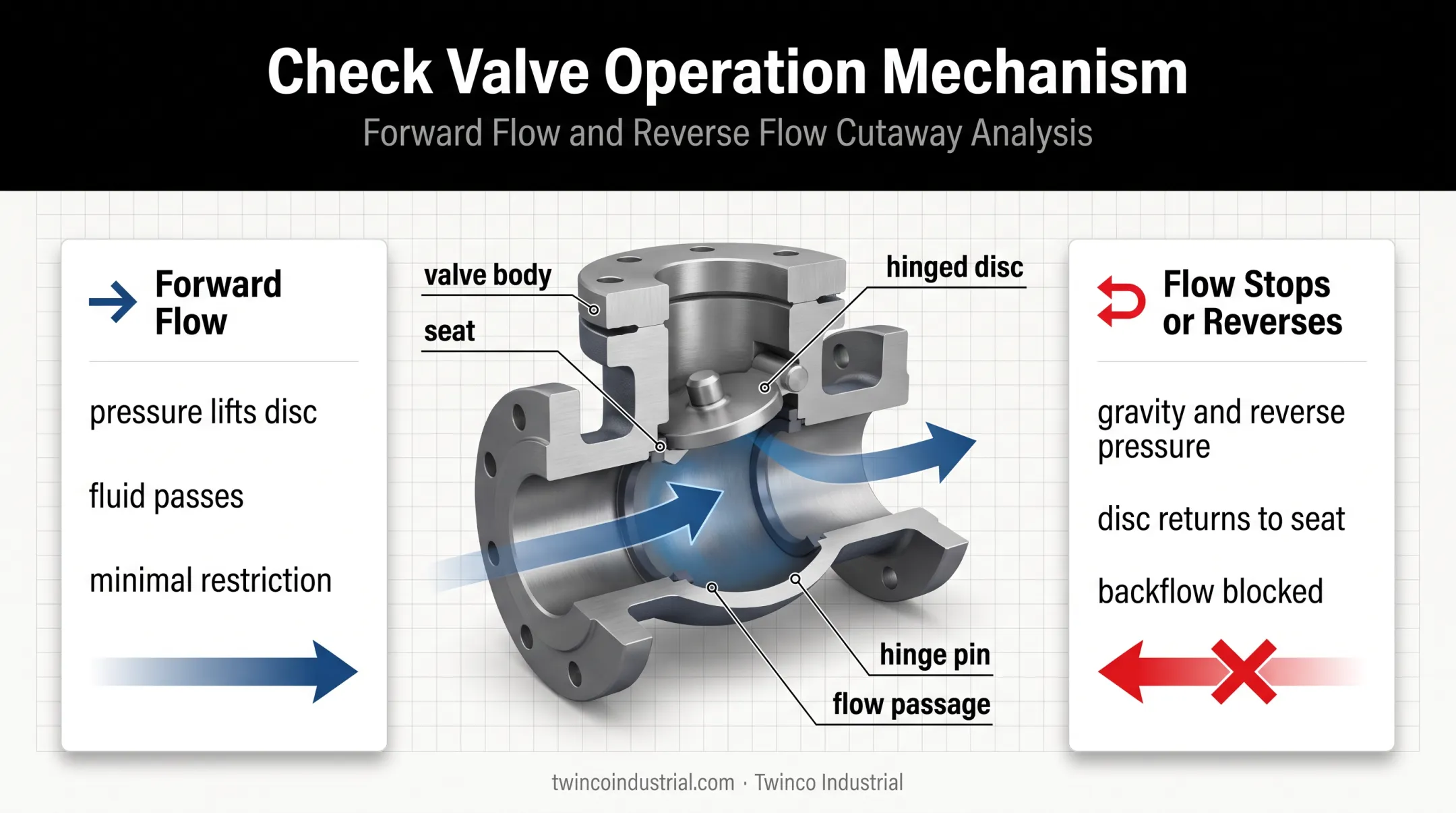Swing check valve hinged disc operation and flow response diagram