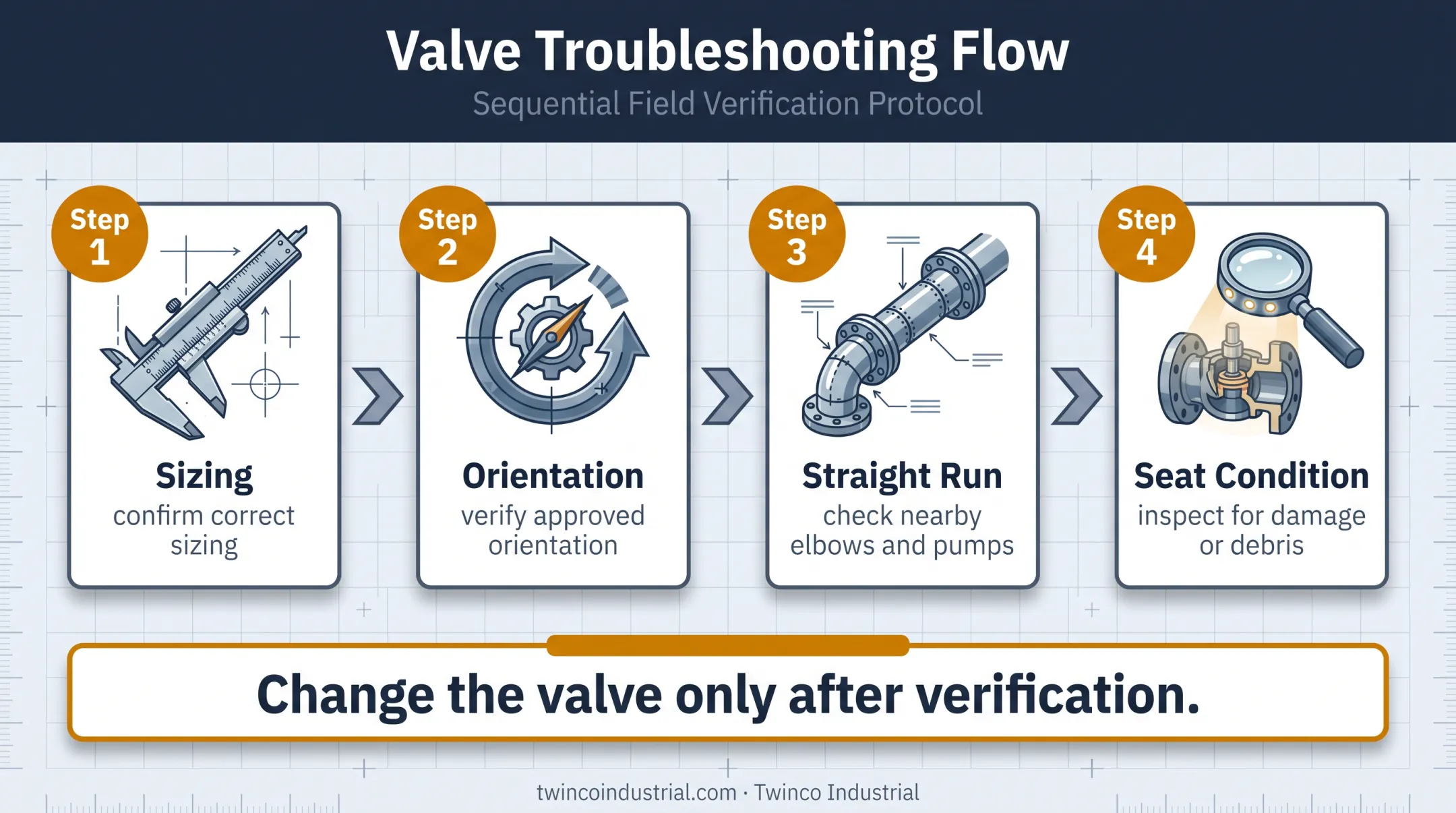 Four-step swing check valve troubleshooting verification process