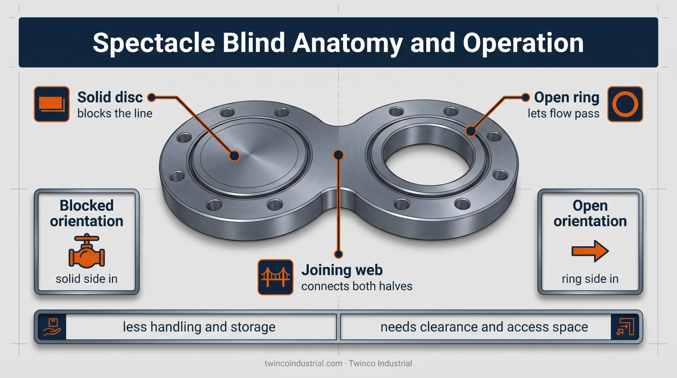 Spectacle blind figure-eight components and open or blocked orientations