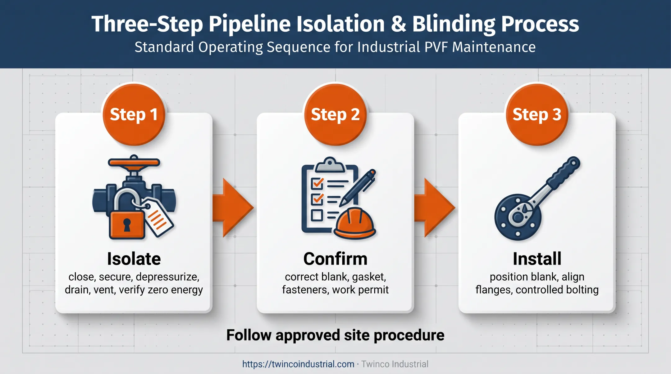 Three-step slip blind flange safe installation sequence