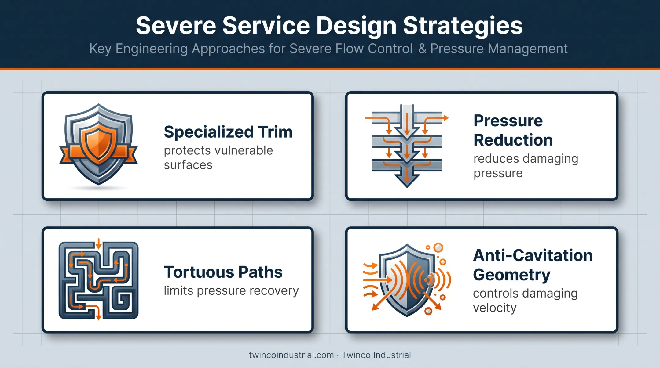 Severe service valve design features reducing erosion pressure and velocity