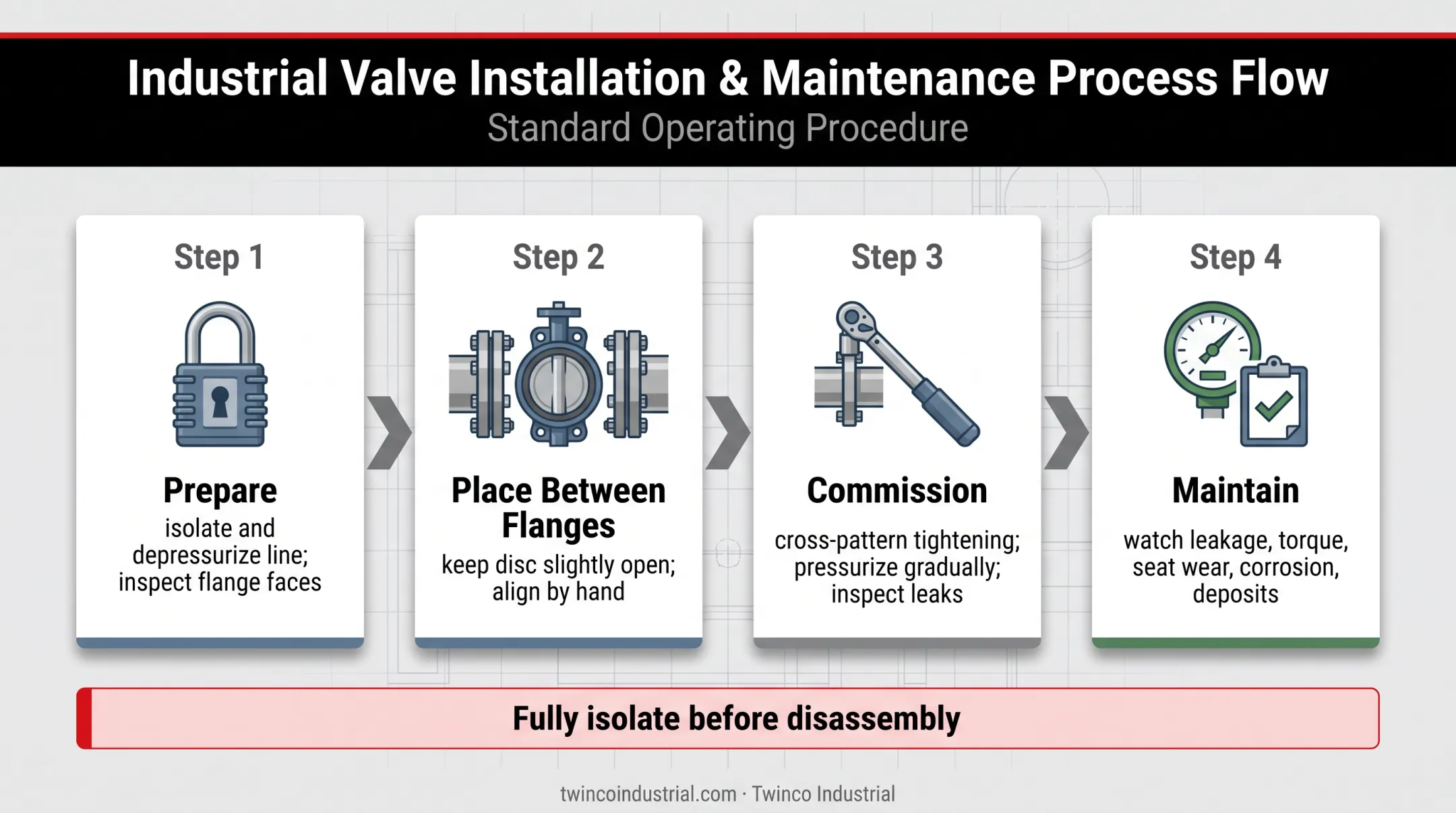 Wafer butterfly valve installation commissioning and maintenance process
