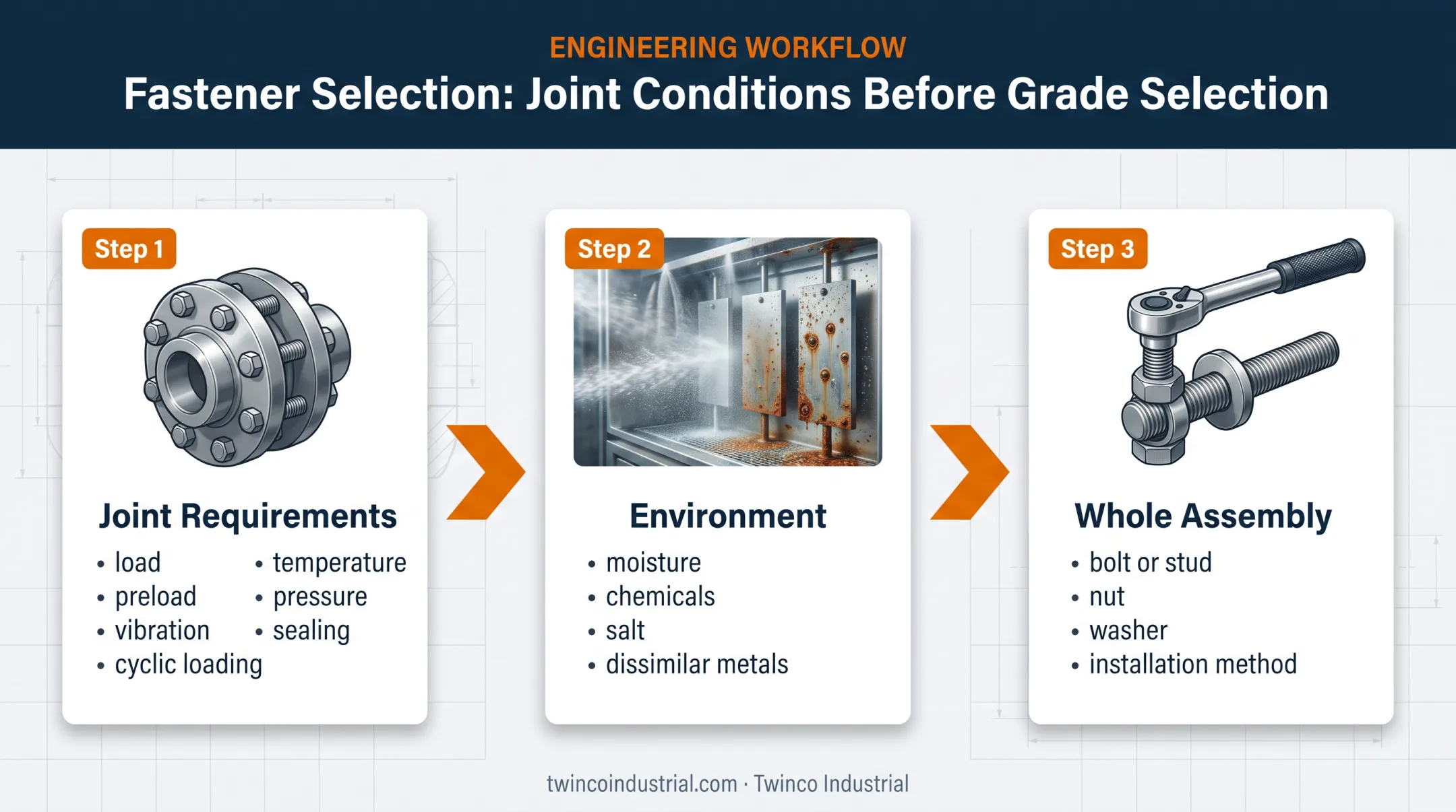 Three-stage industrial carbon steel fastener selection process