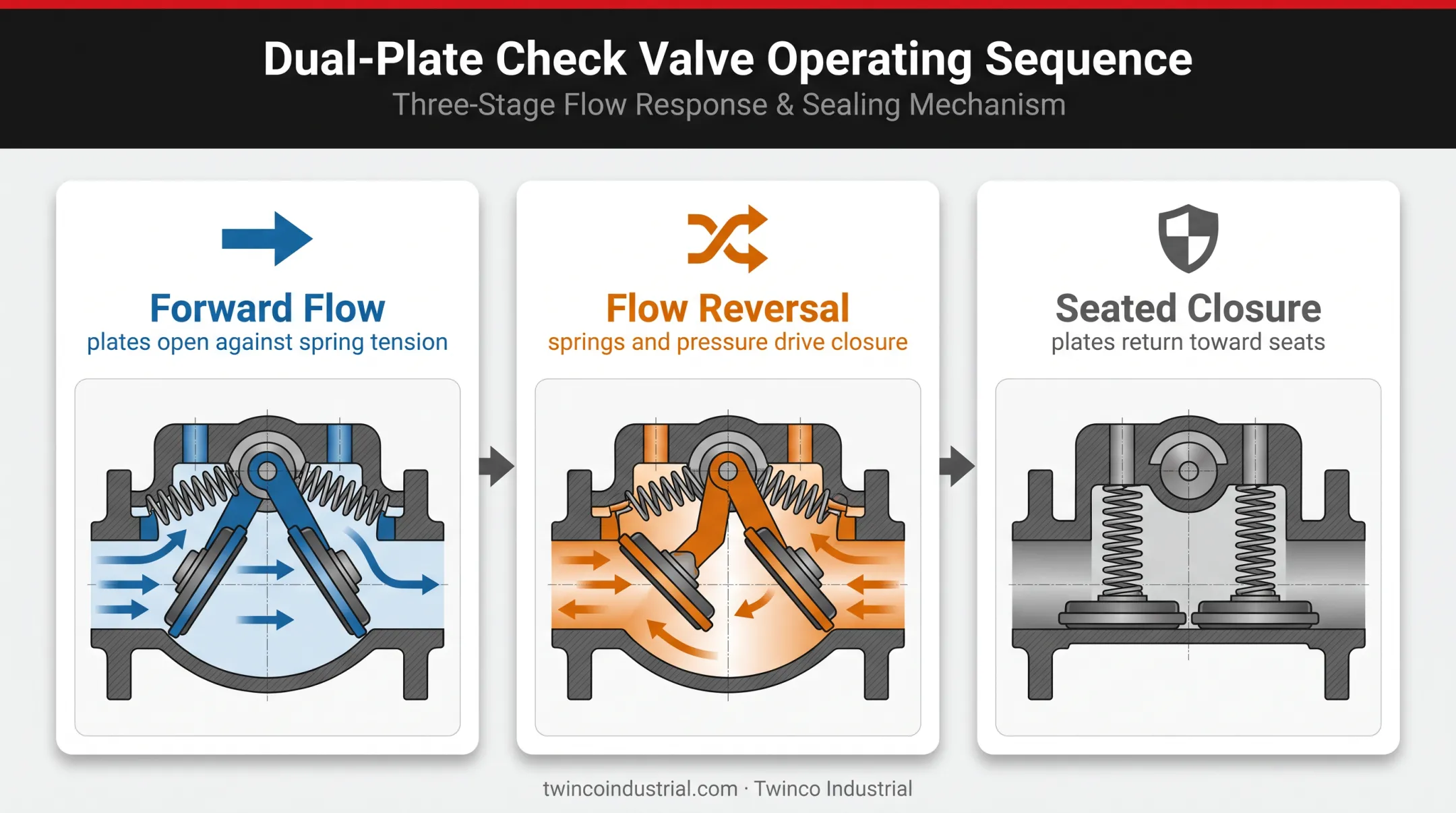 Three-stage dual-plate wafer check valve operating mechanism diagram