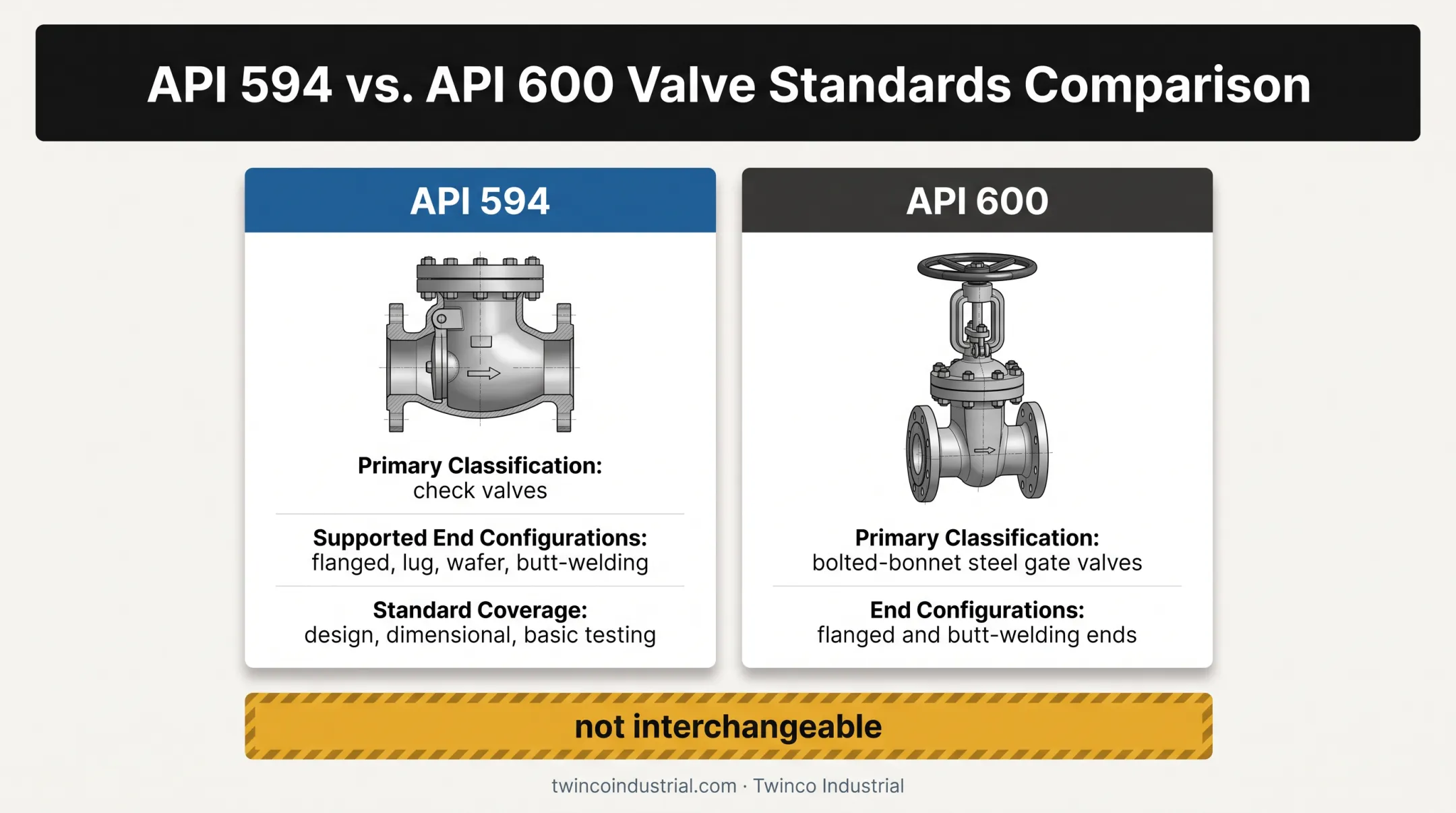 API 594 versus API 600 valve standard comparison infographic