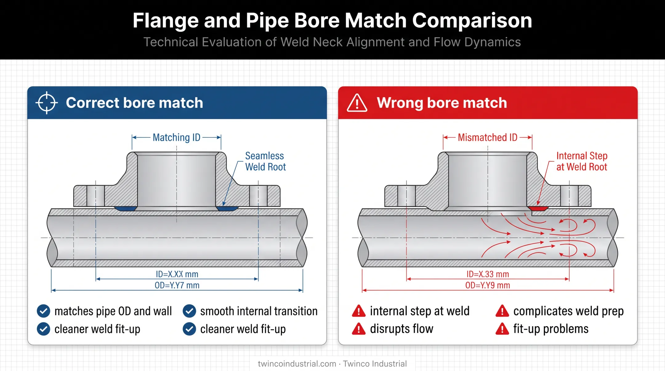 Correct versus incorrect weld neck flange bore matching diagram