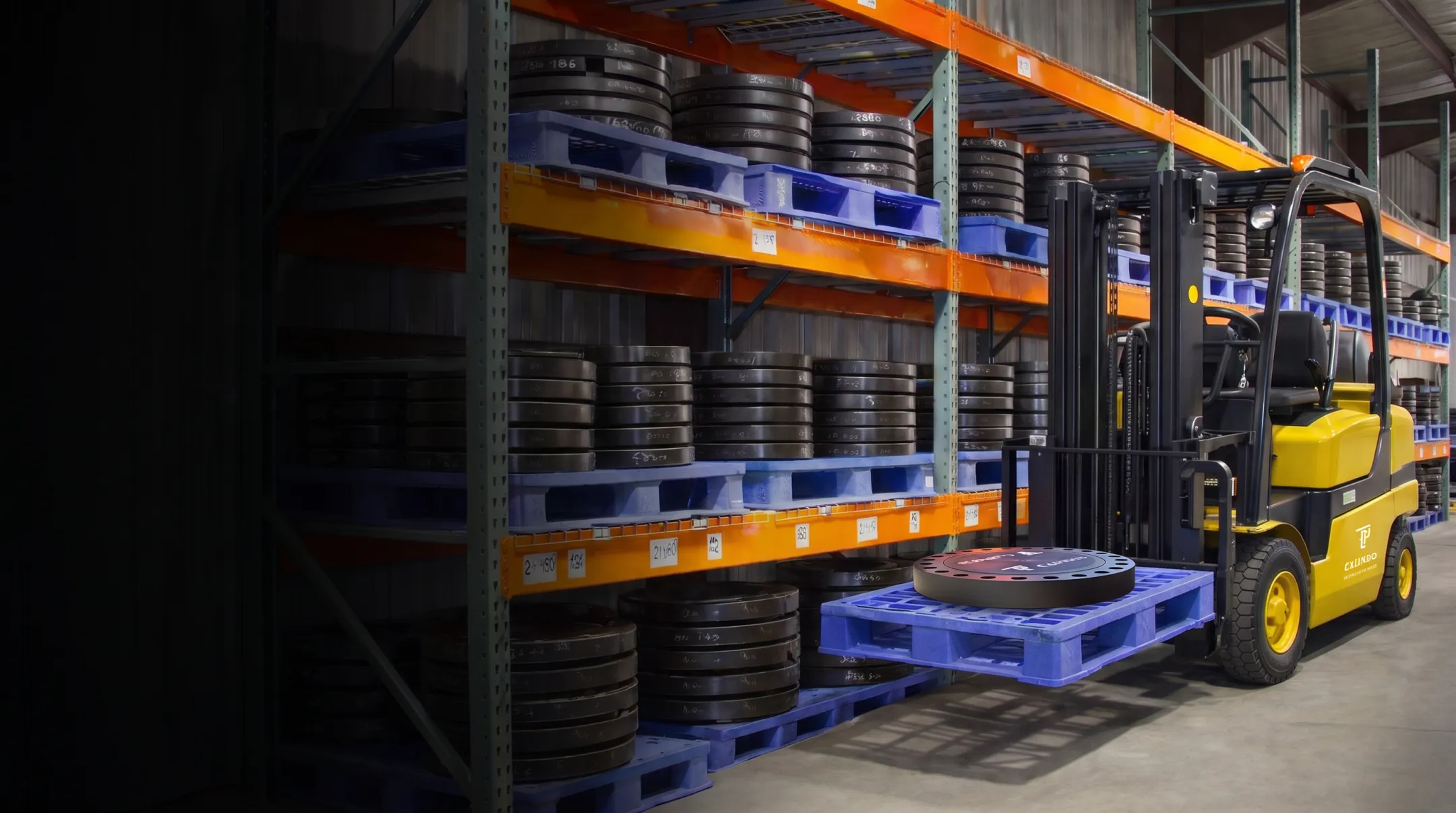 Industrial flange inventory warehouse with carbon steel piping components