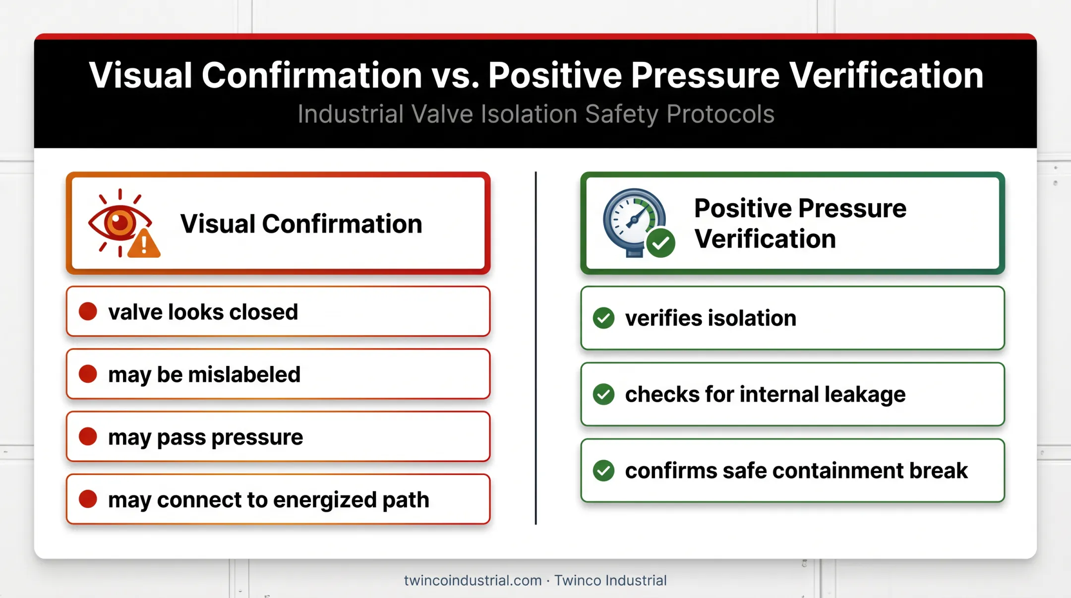 Pipeline valve isolation verification versus visual confirmation comparison