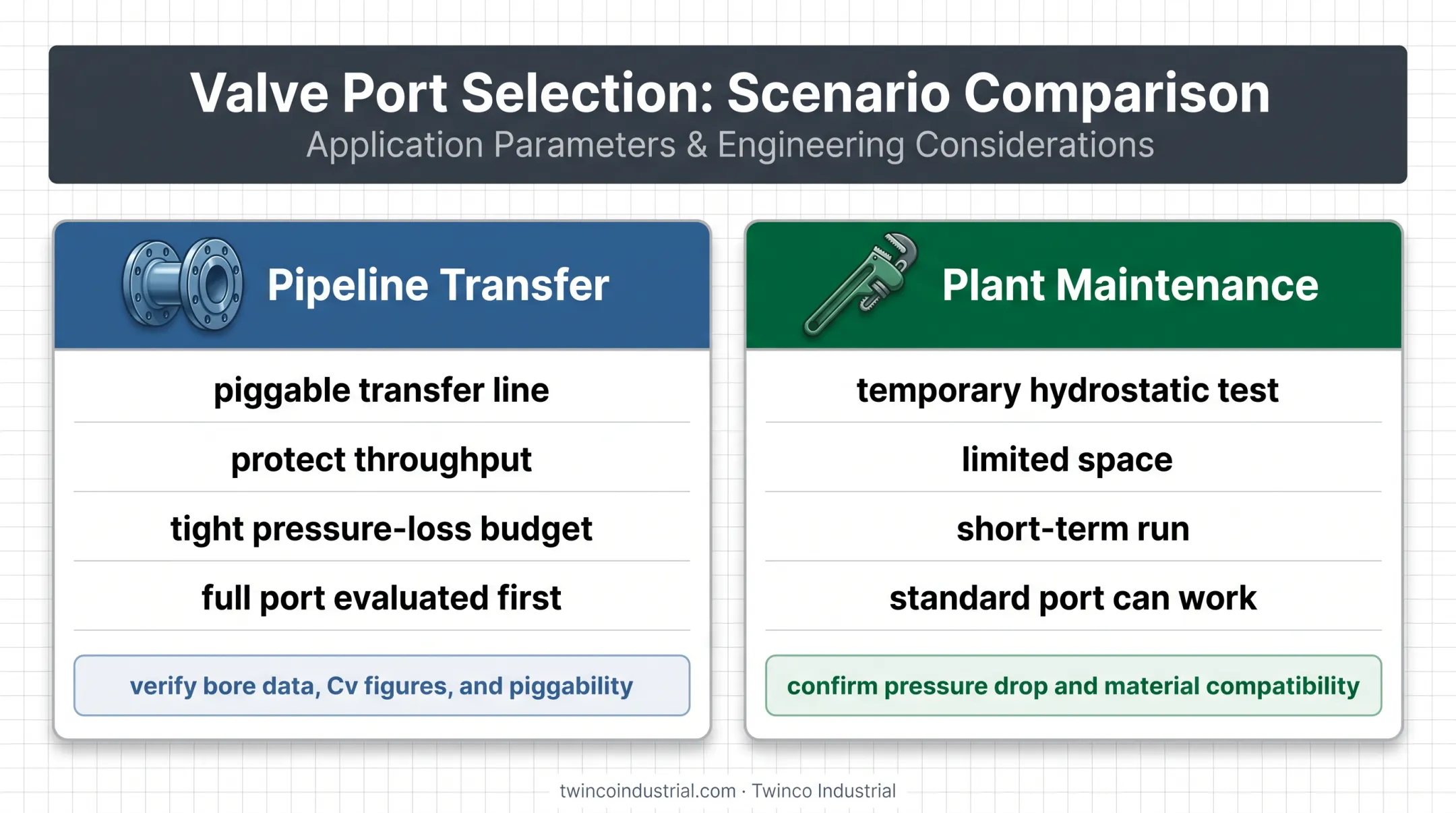 Pipeline transfer and plant maintenance valve selection scenarios