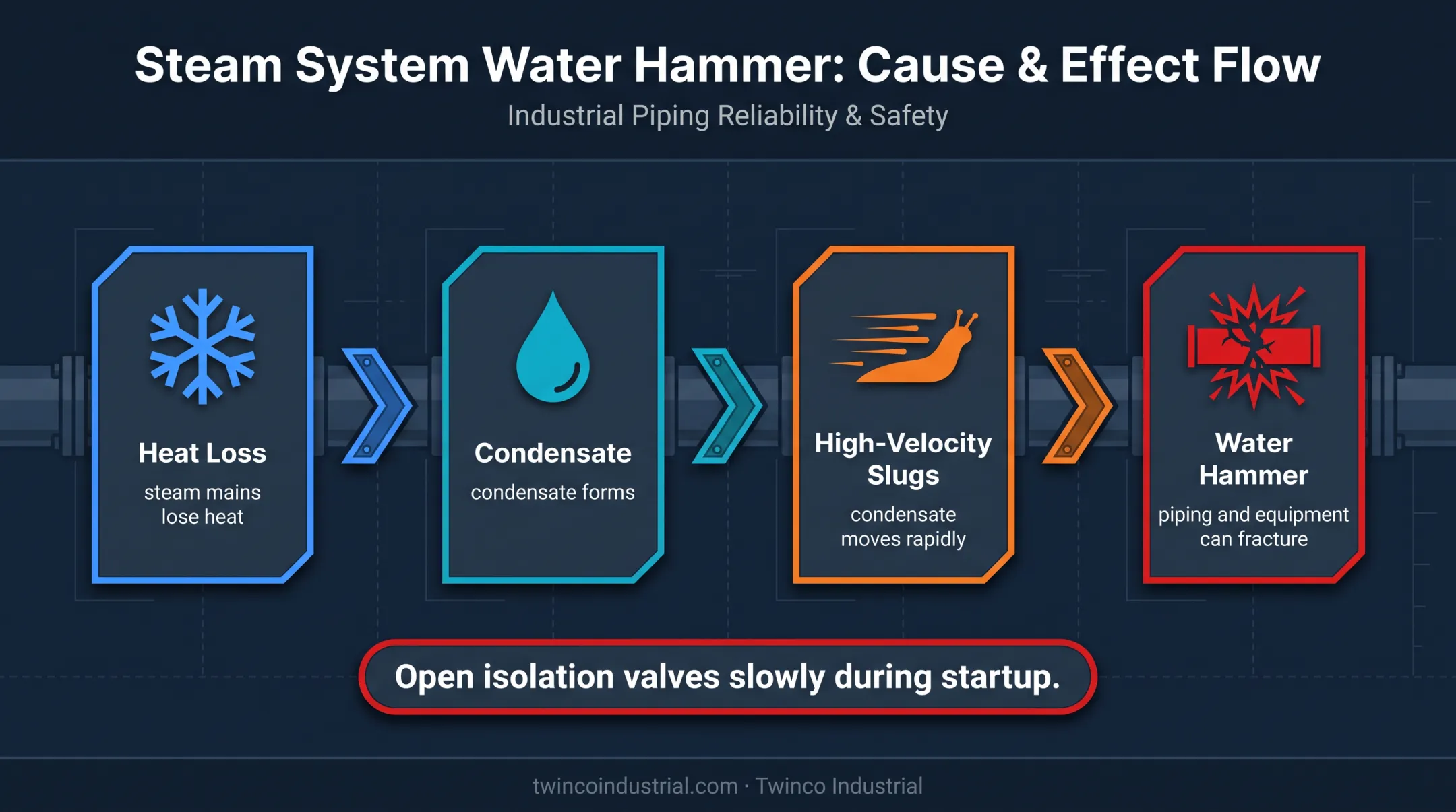 Steam condensate and water hammer formation sequence in piping systems