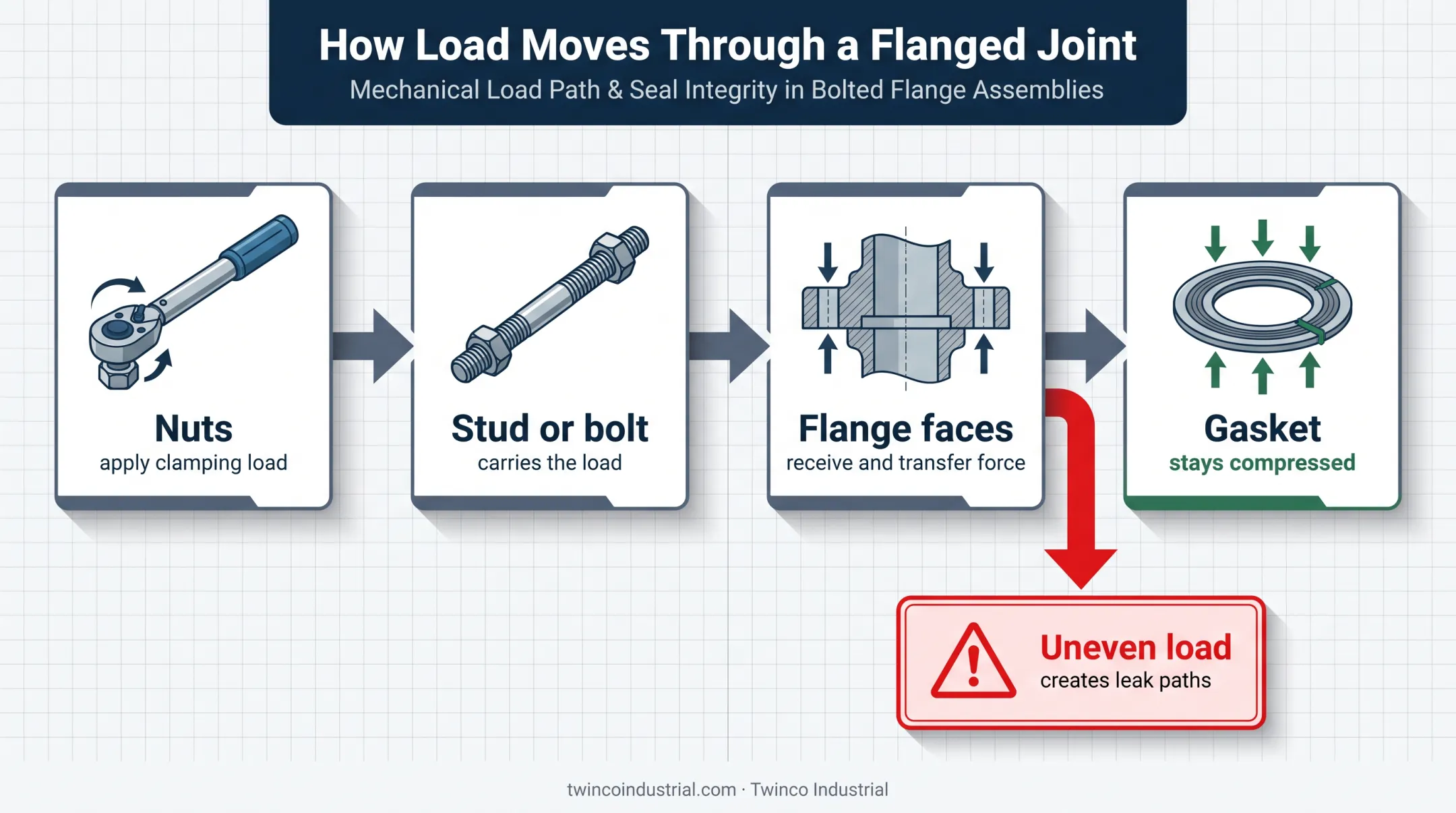 Flanged joint clamping load path from nuts through gasket