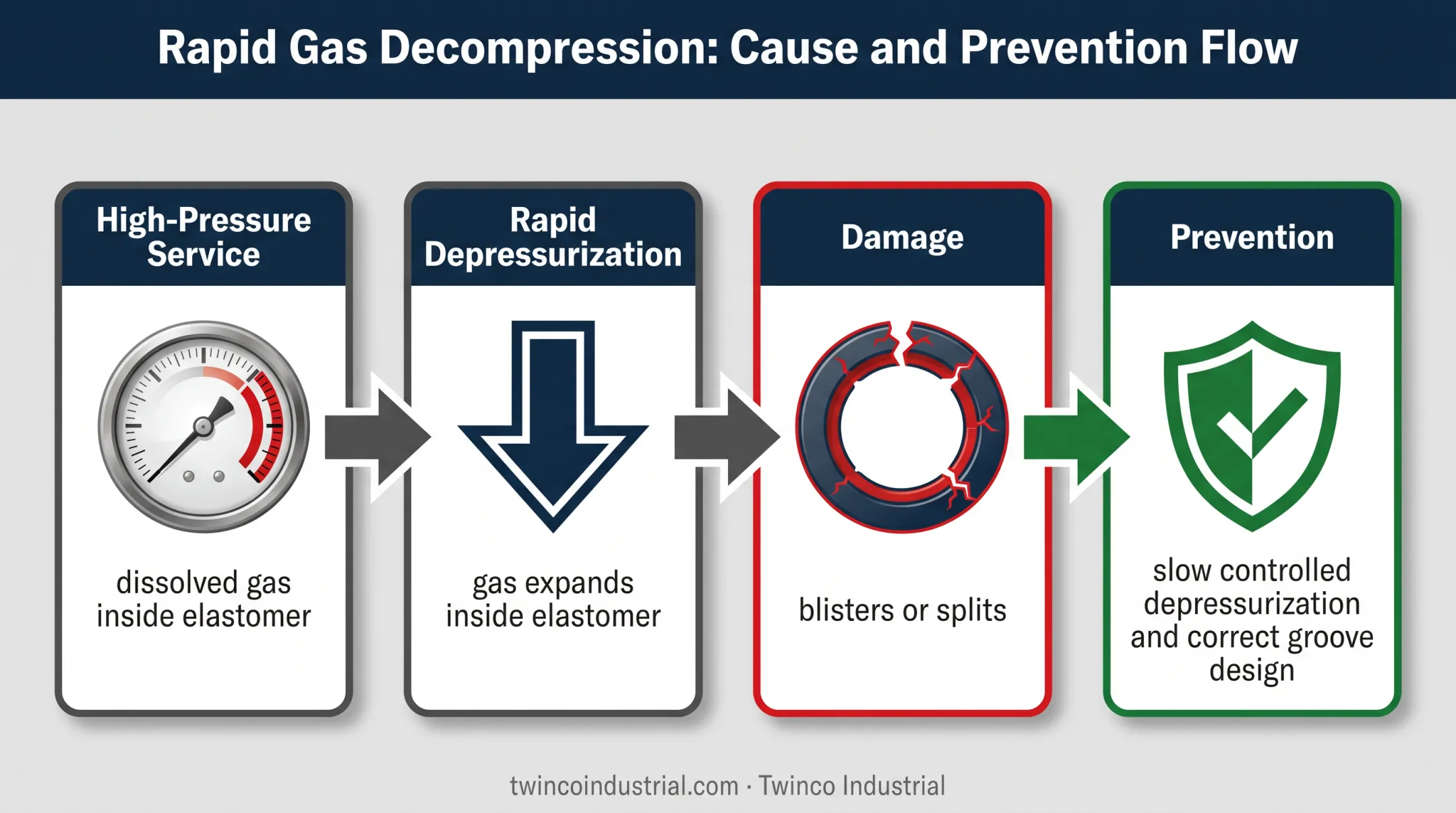 Rapid depressurization damage pathway in elastomer rubber gaskets