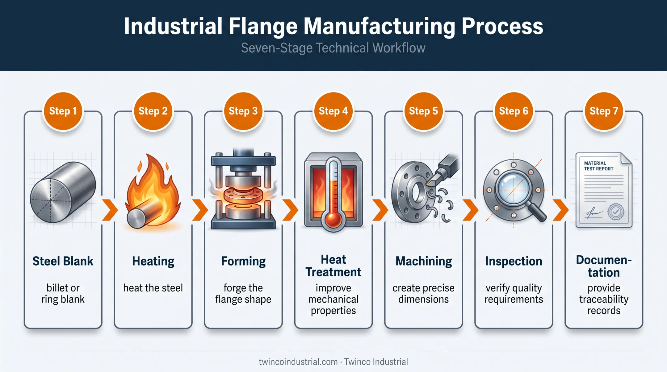 Seven-stage forged steel flange manufacturing process flow diagram