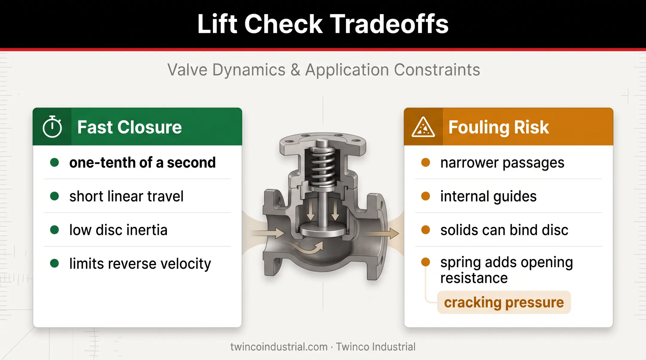 Lift check valve closure speed and fouling tradeoffs diagram