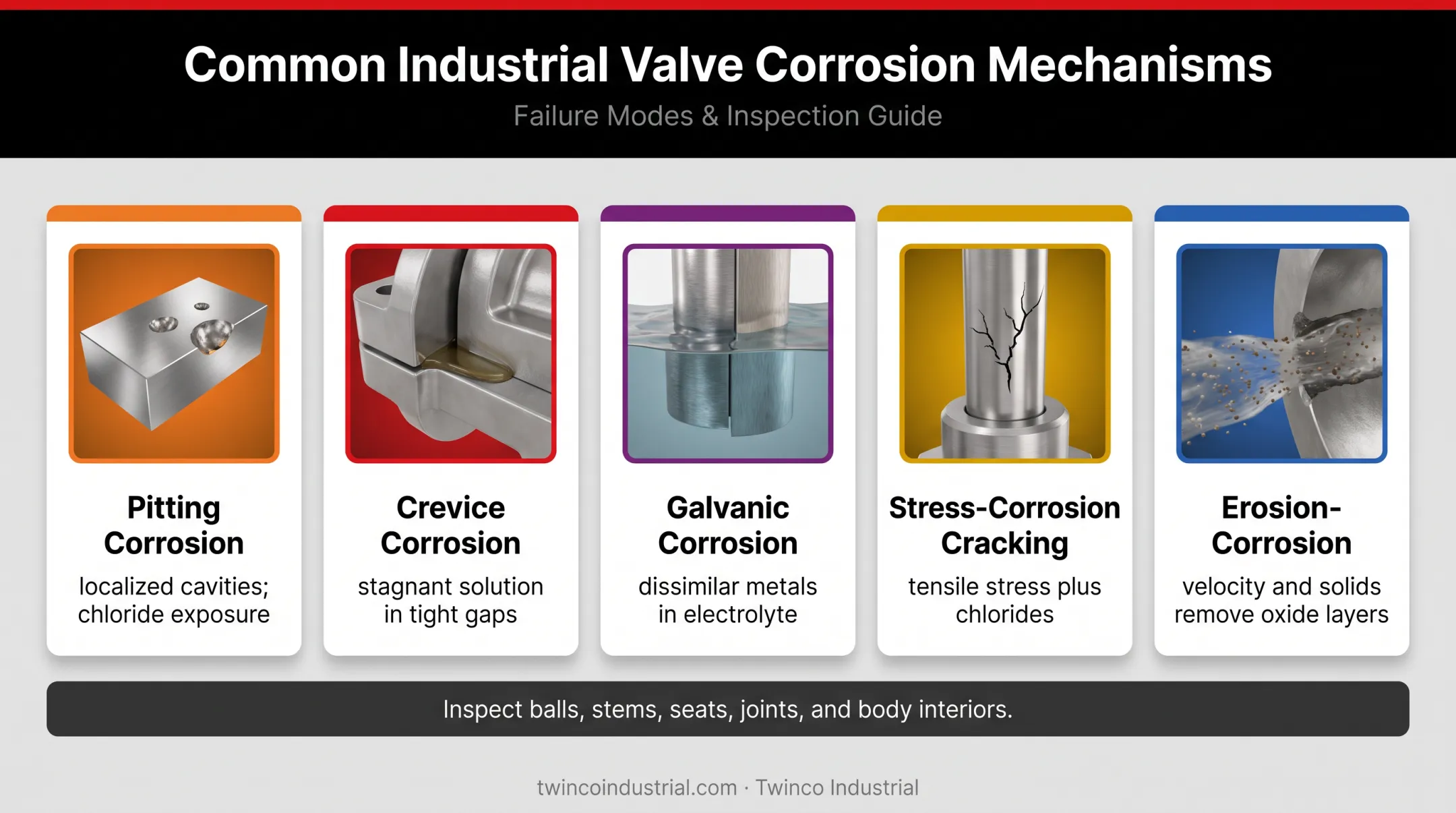 Five ball valve corrosion mechanisms and failure risks infographic