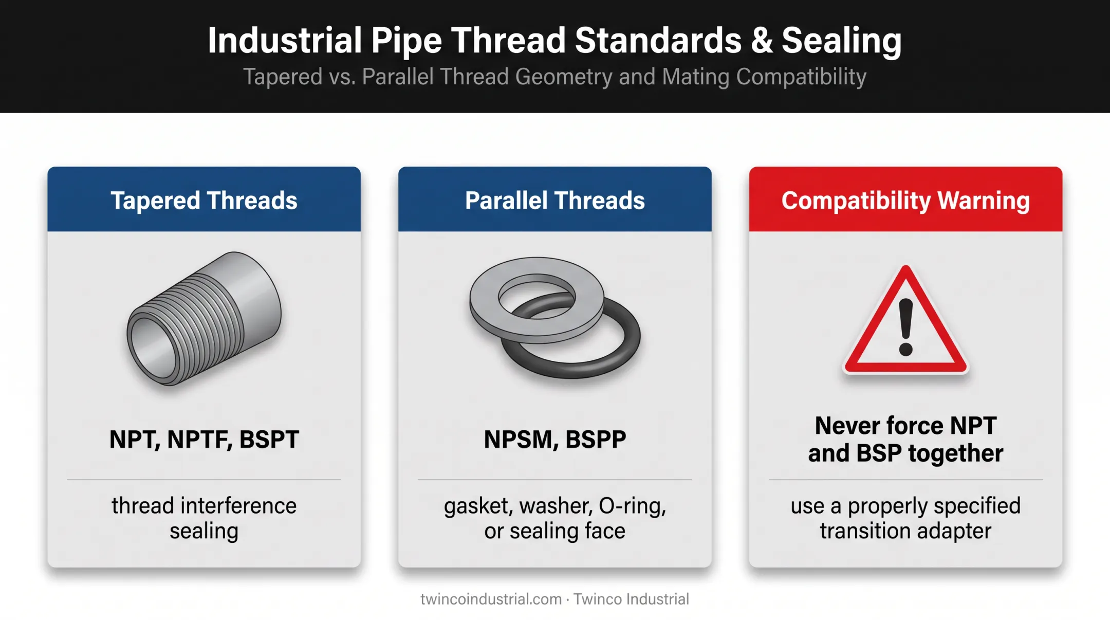 Tapered versus parallel pipe thread standards compatibility comparison
