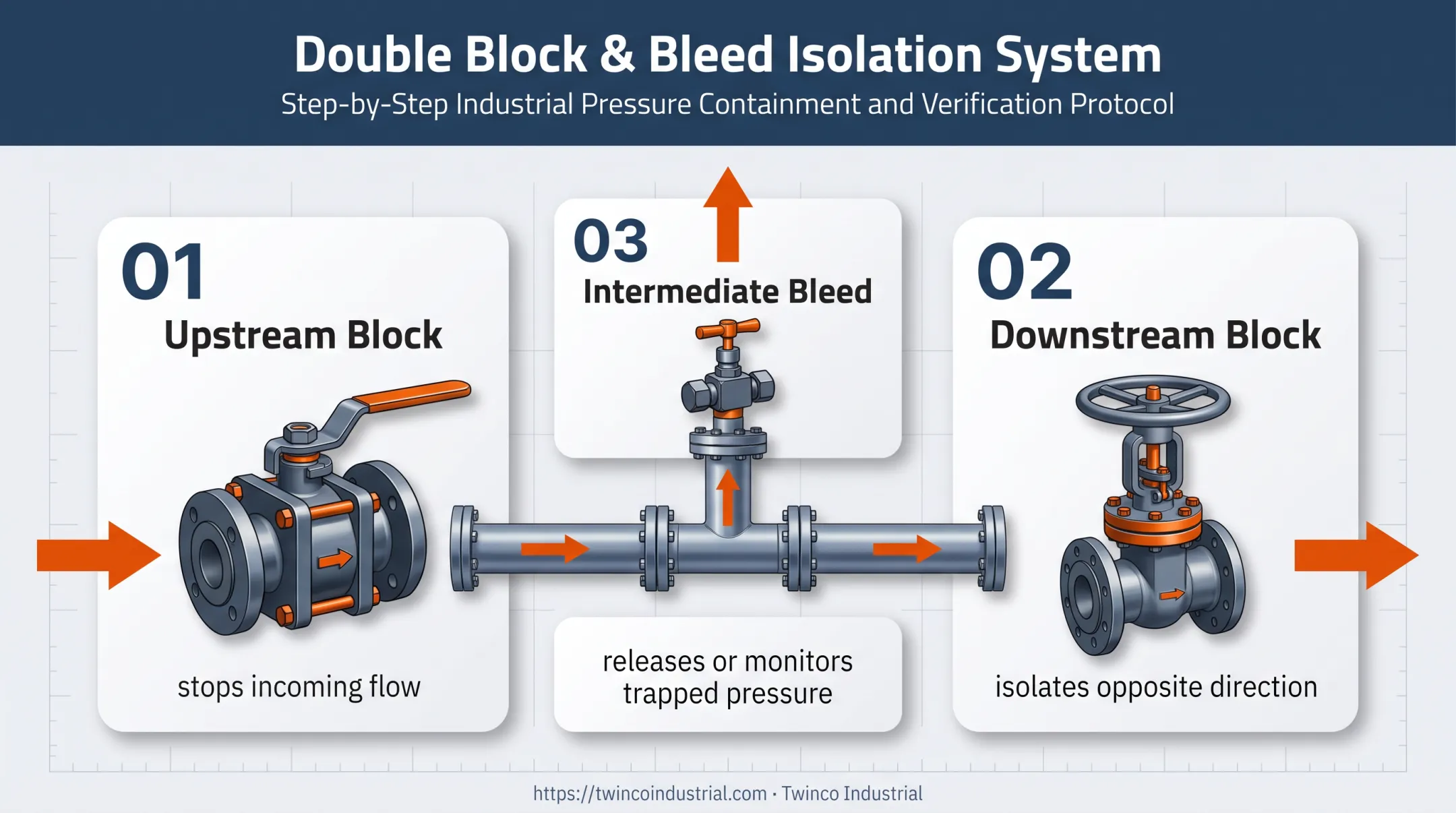 Three-part double-block-and-bleed pressure isolation sequence diagram