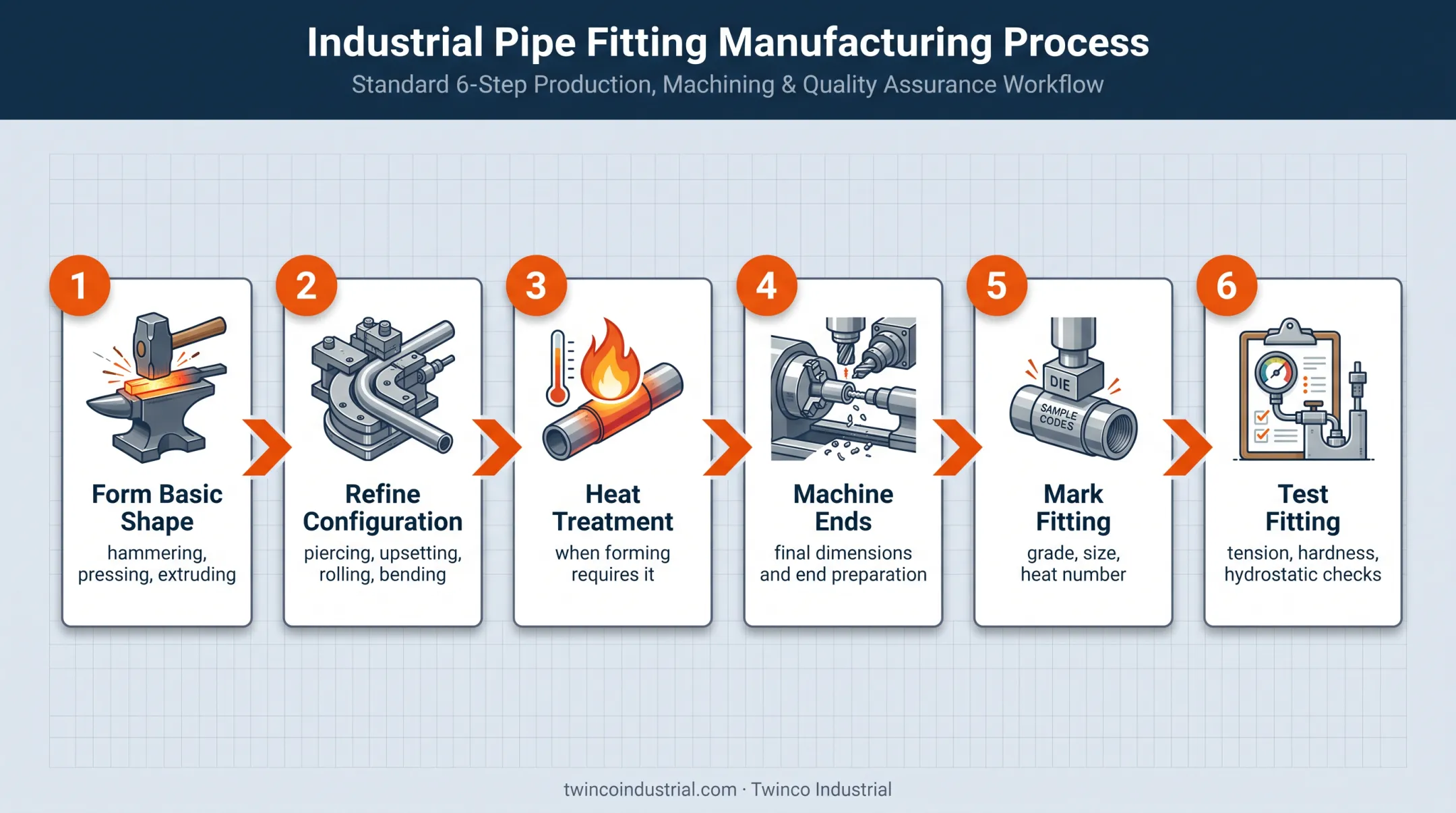 Six-step ASTM A234 WPB fitting manufacturing and testing process