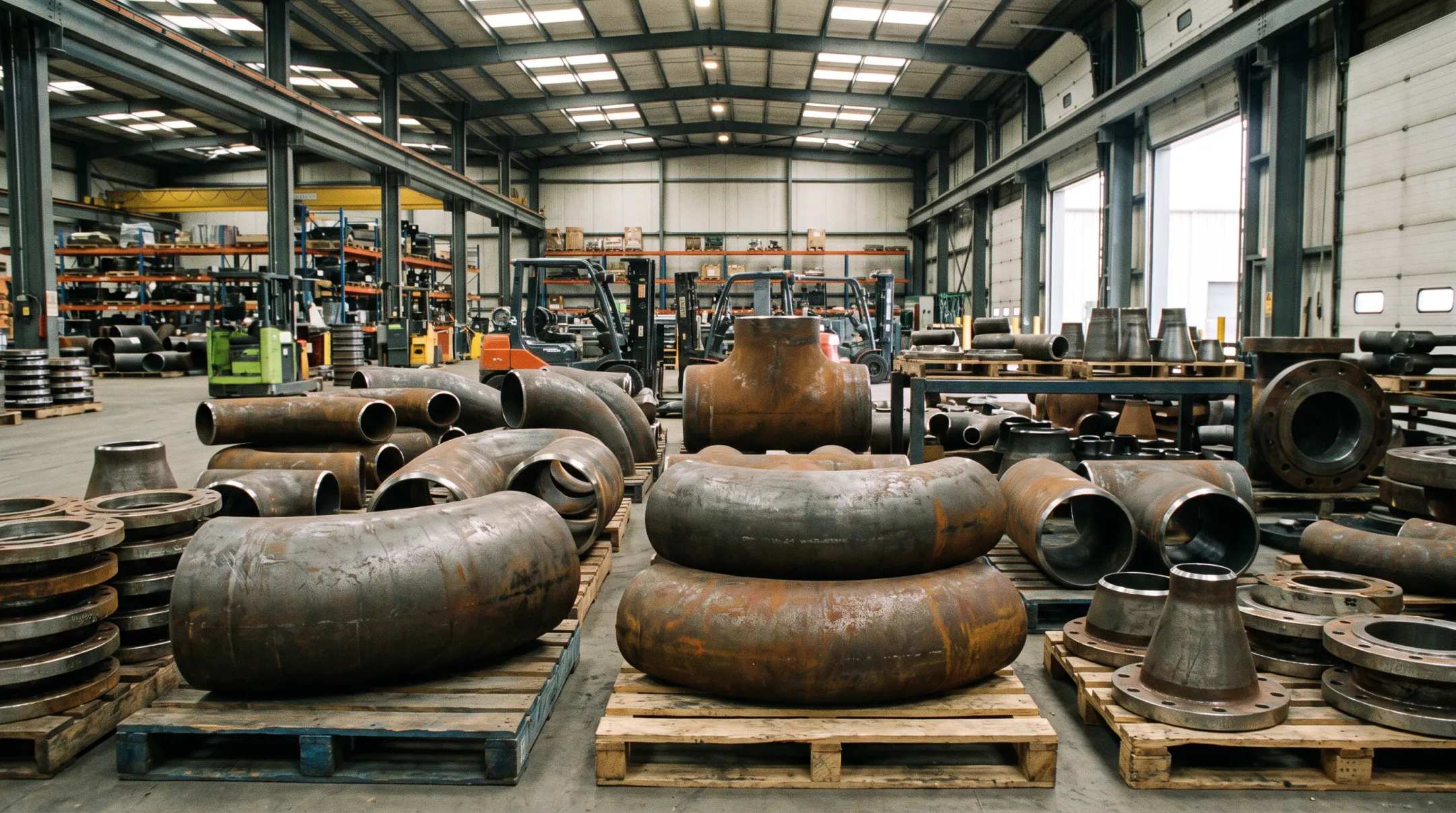 Large-bore carbon steel pipe fittings in supplier inventory