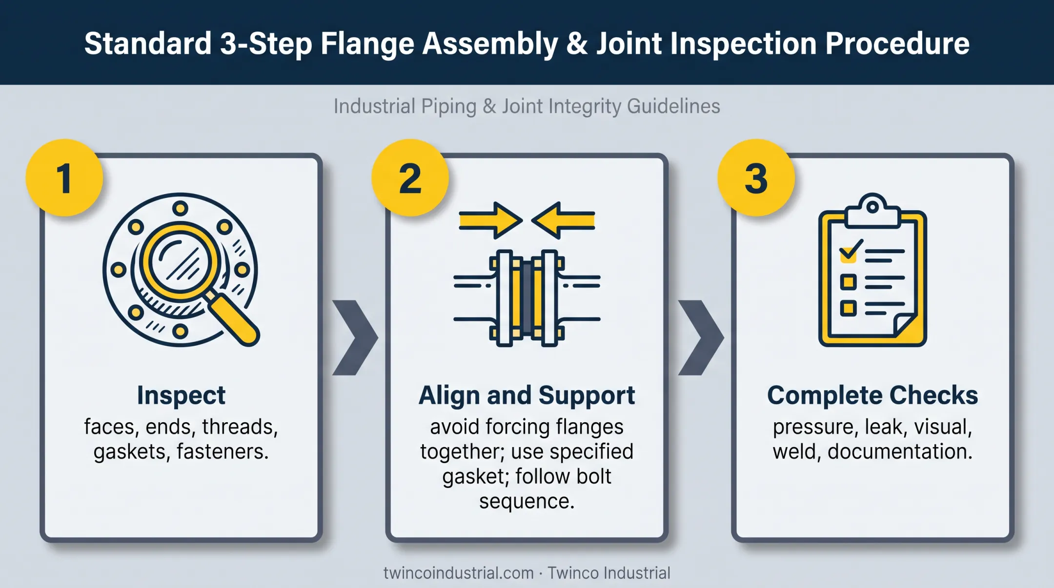 Three-step carbon steel flange installation checklist process