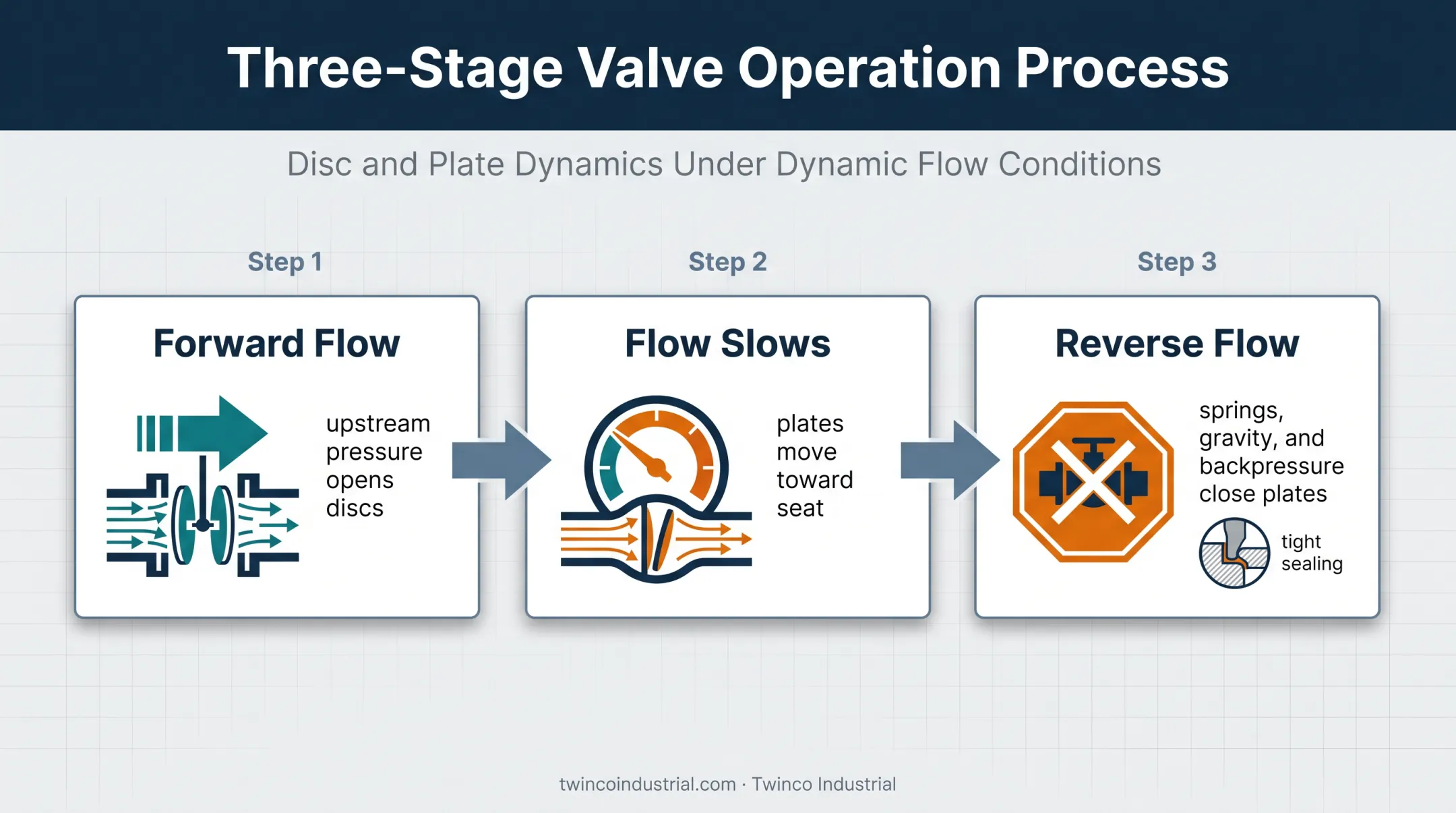 Butterfly check valve opening and closing flow sequence diagram