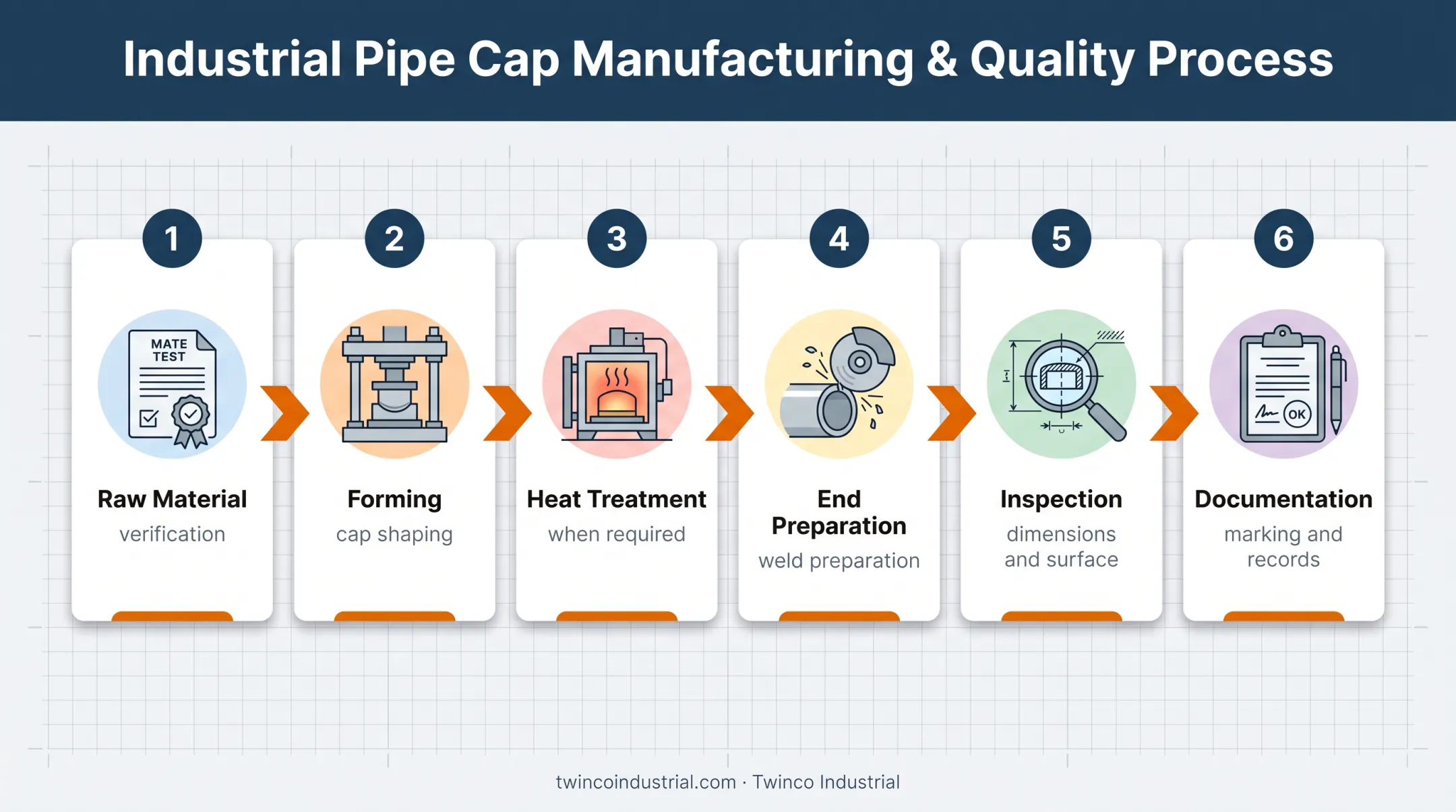 Six-step butt weld pipe cap manufacturing and inspection sequence