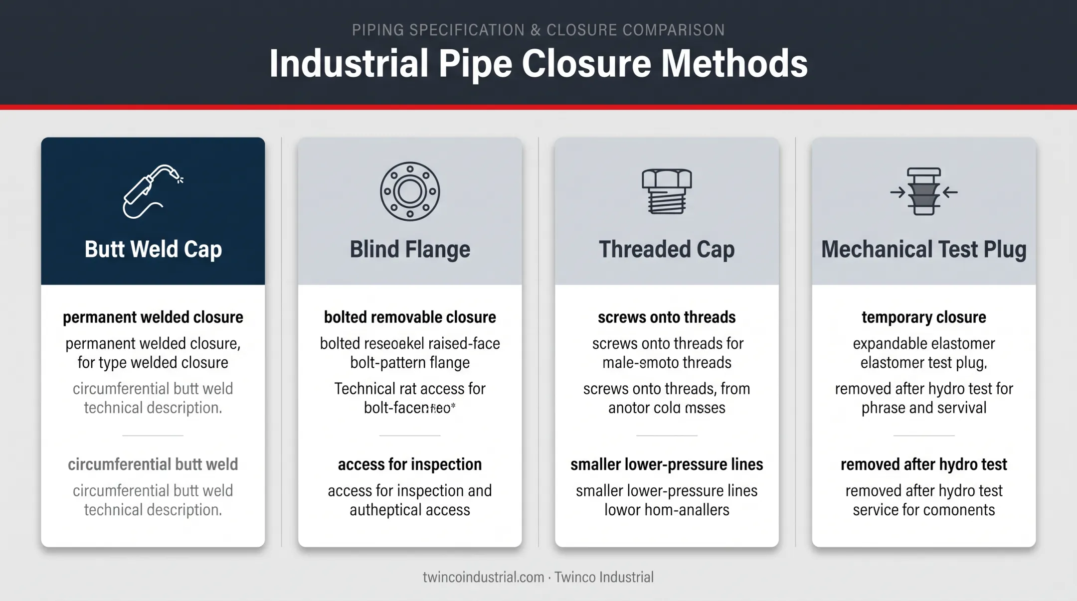 Four pipe closure types compared by connection method and permanence