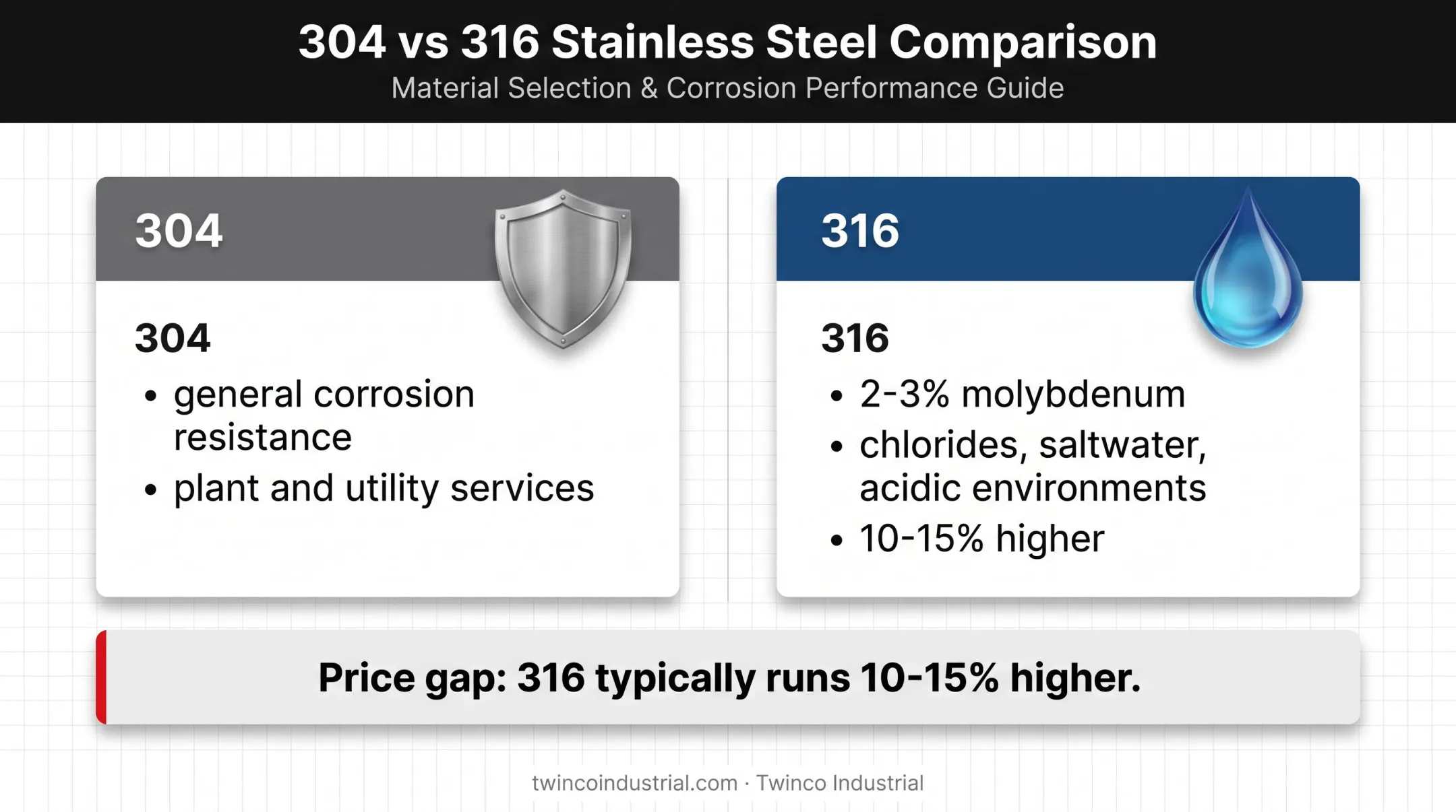 304 versus 316 stainless steel grade cost and corrosion comparison