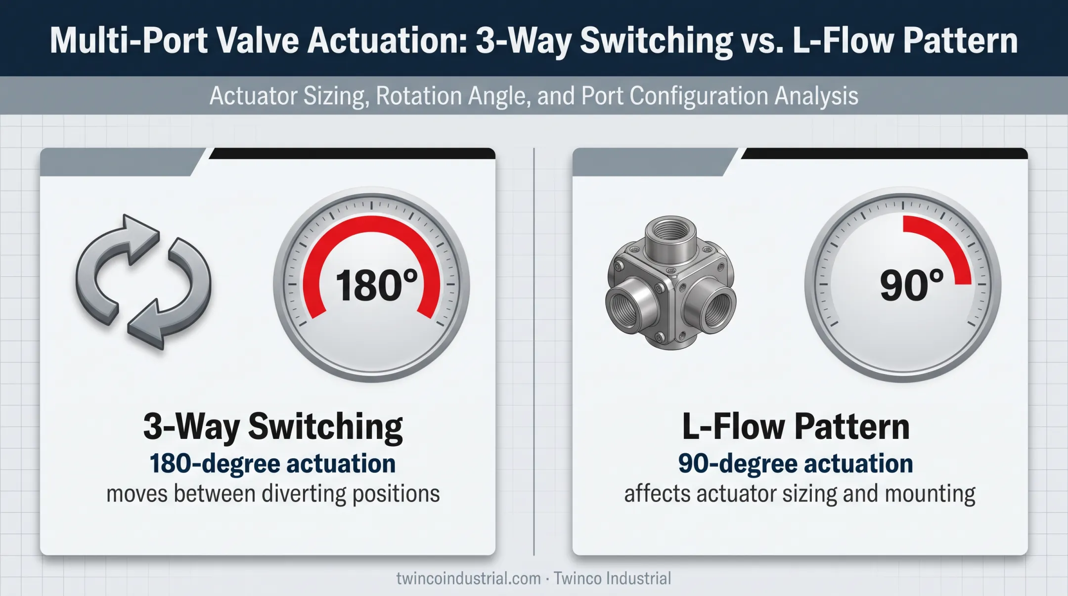 3-way valve actuator rotation comparison for switching and L-flow patterns