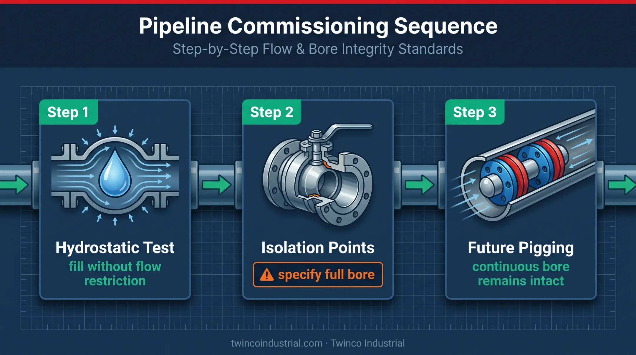 Full bore valve pipeline testing and pigging sequence