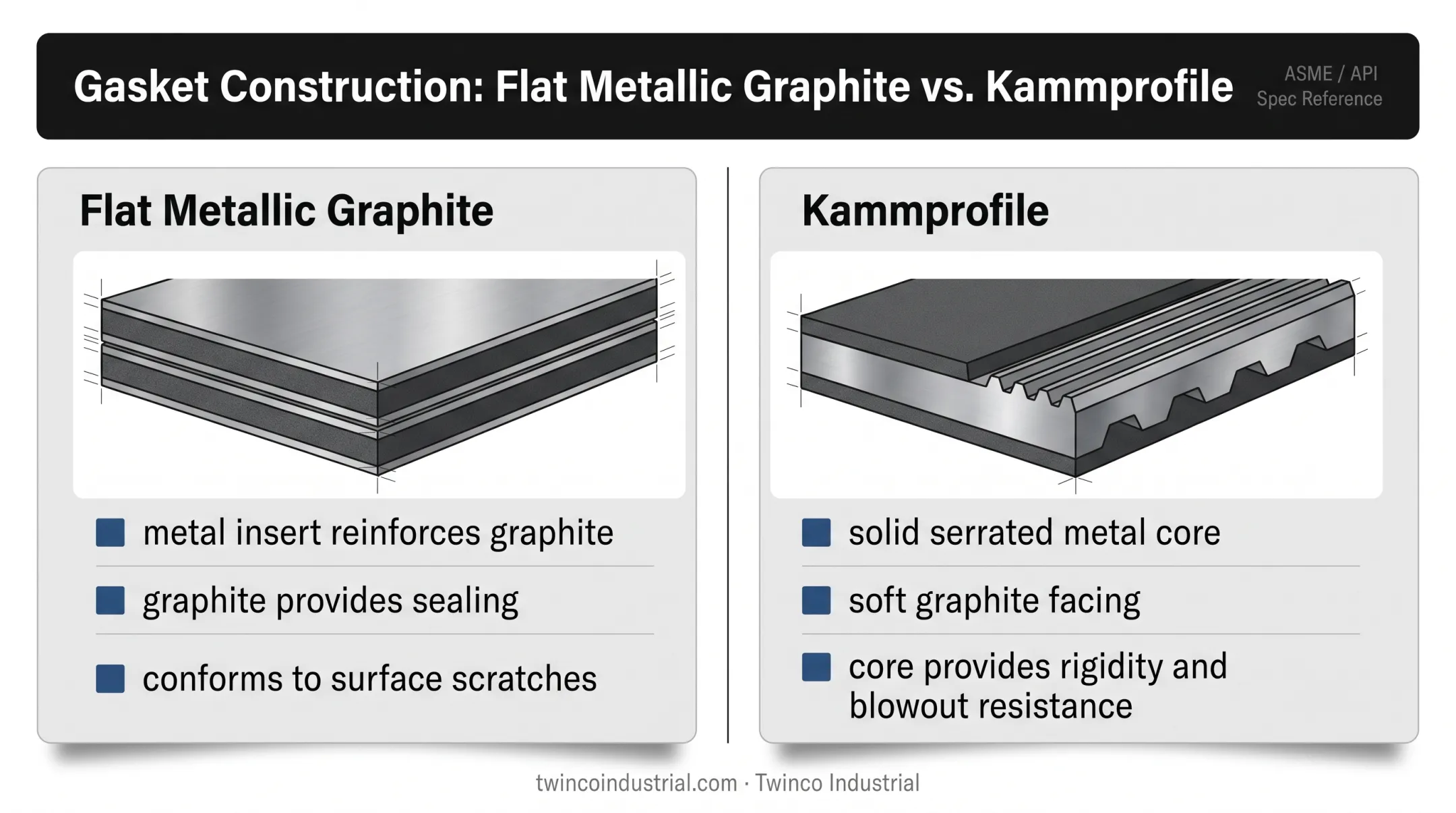 Flat metallic graphite versus Kammprofile gasket construction comparison