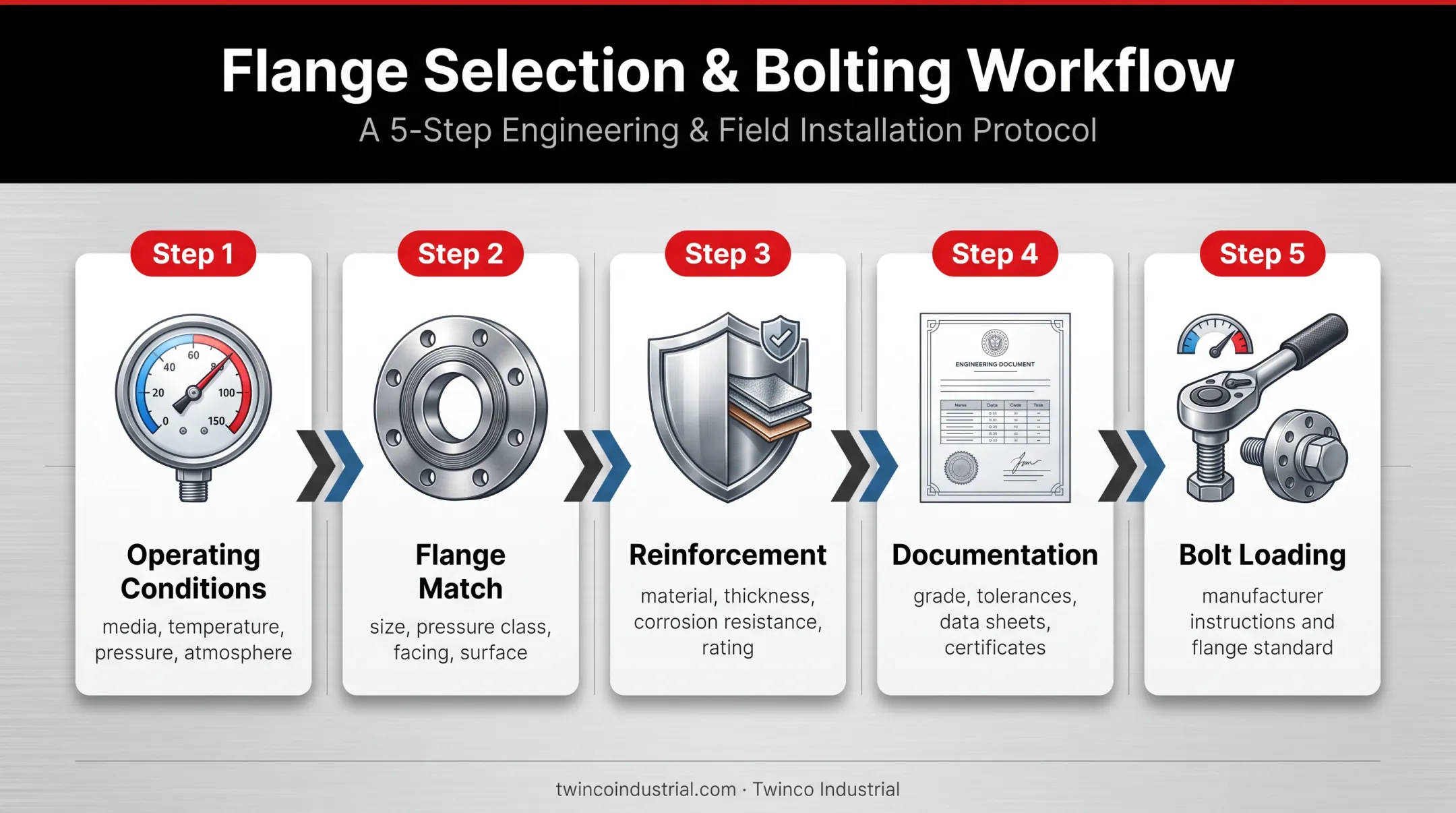 Five-step metallic graphite gasket selection process for industrial flanges