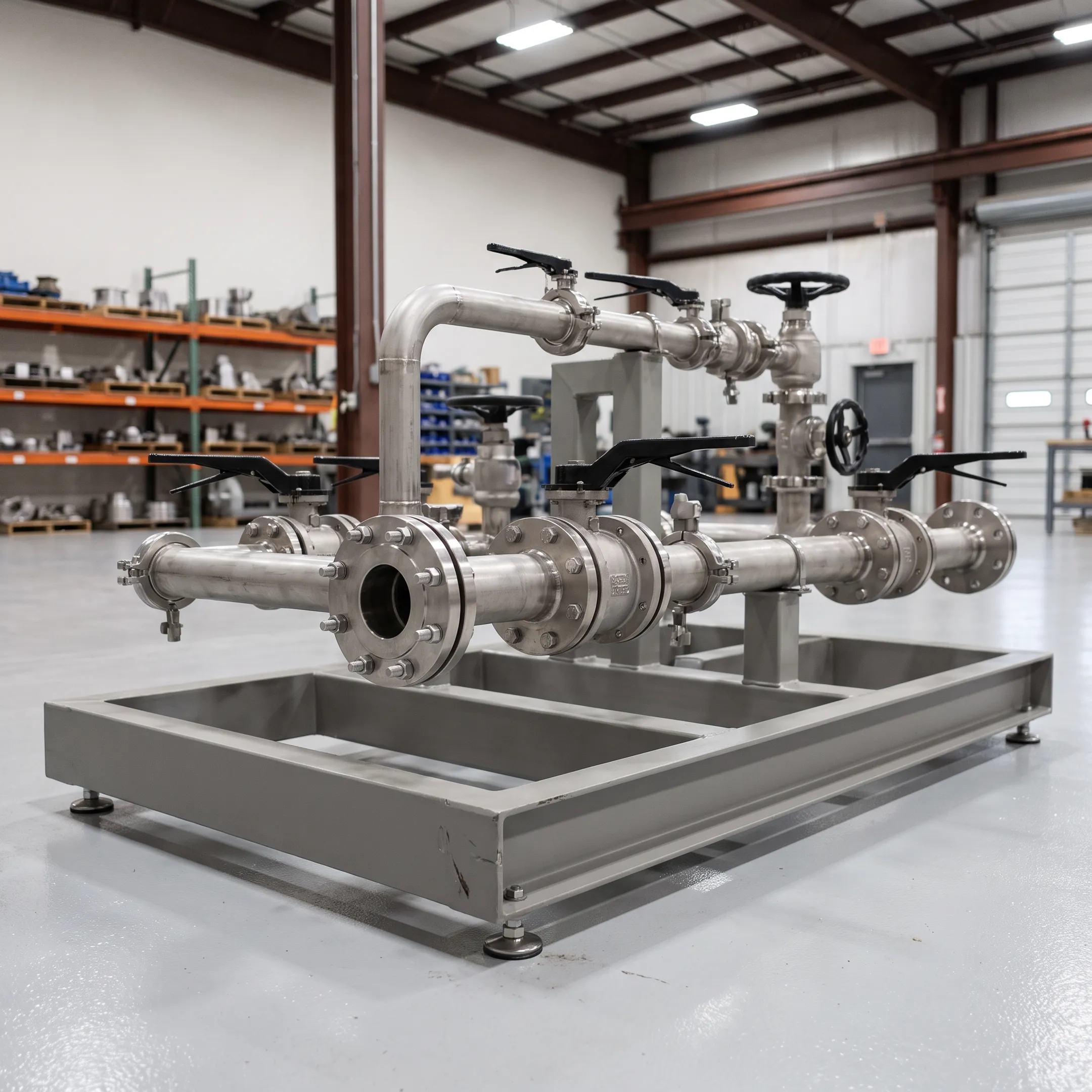 Skid assembly with stainless steel fittings