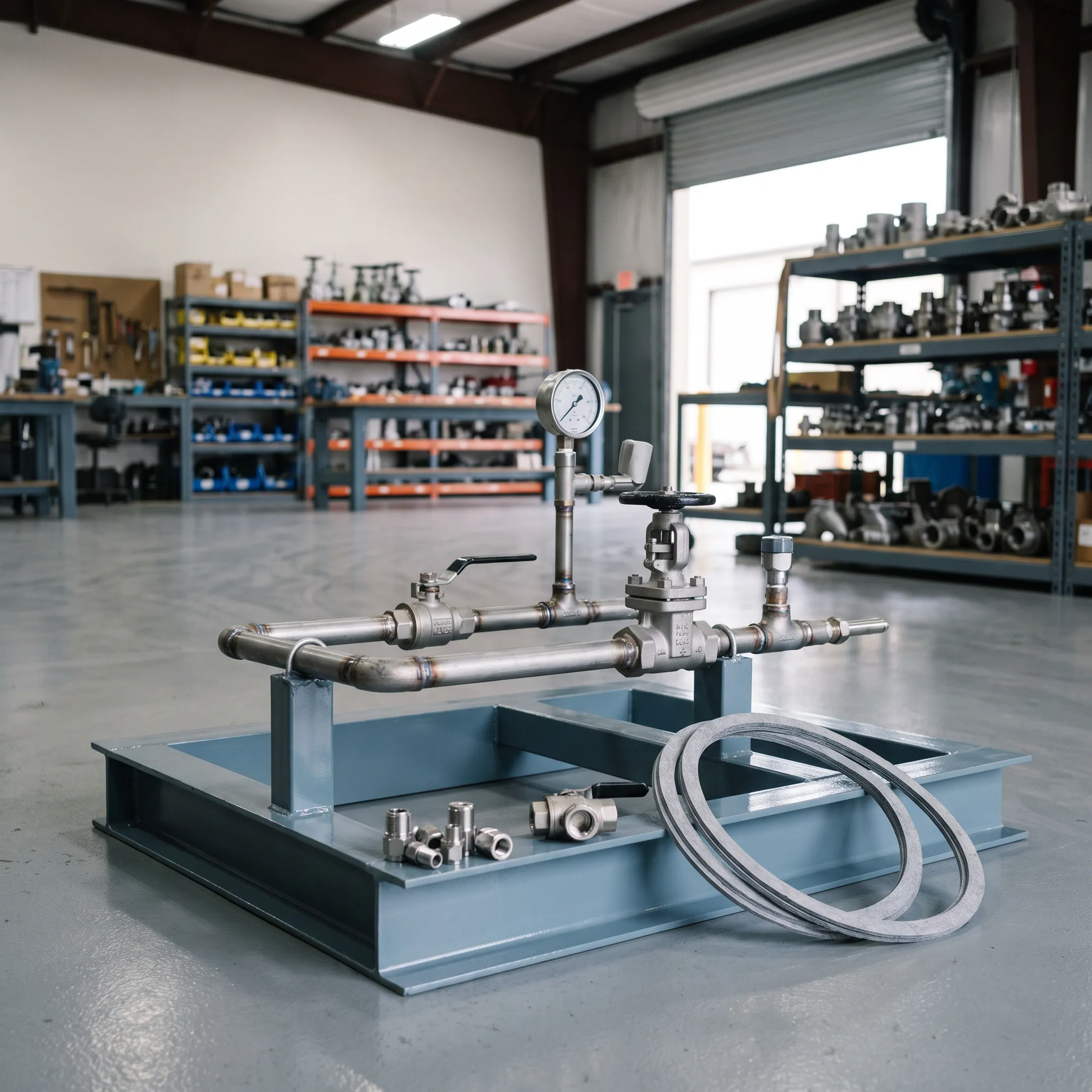 Industrial skid assembly with forged tee fittings