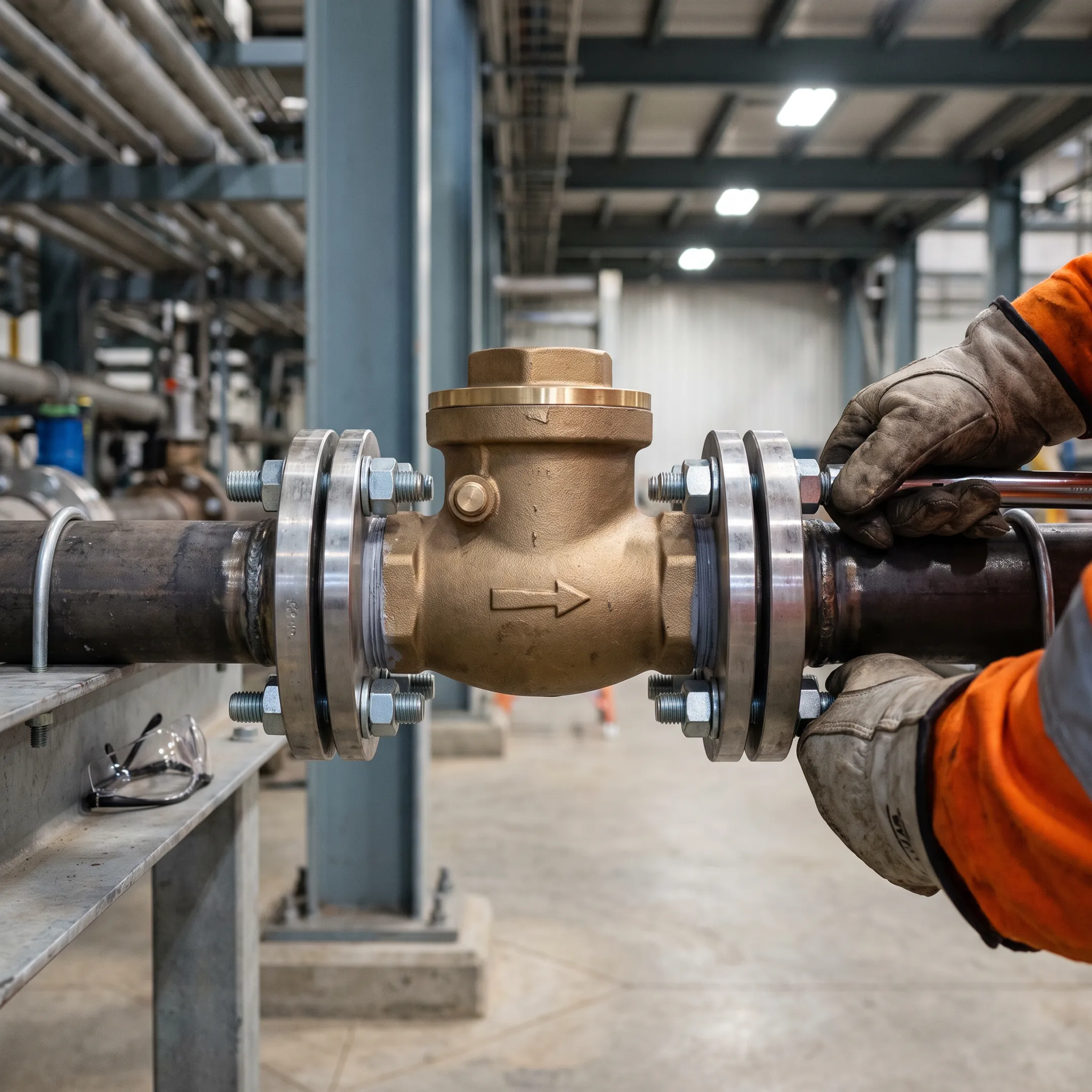 Manufacturing facility piping with brass swing check valve