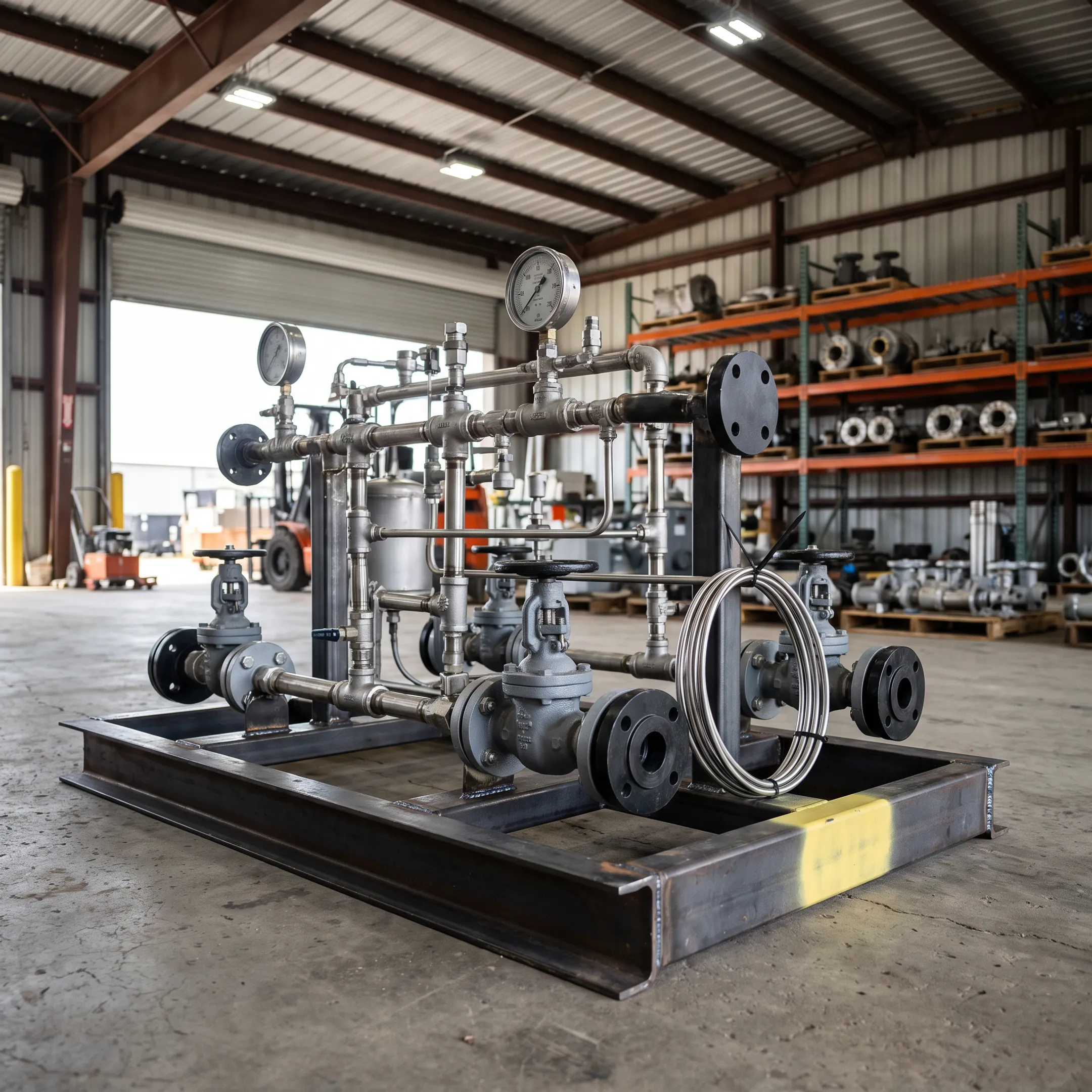 Pipe tees in a skid assembly