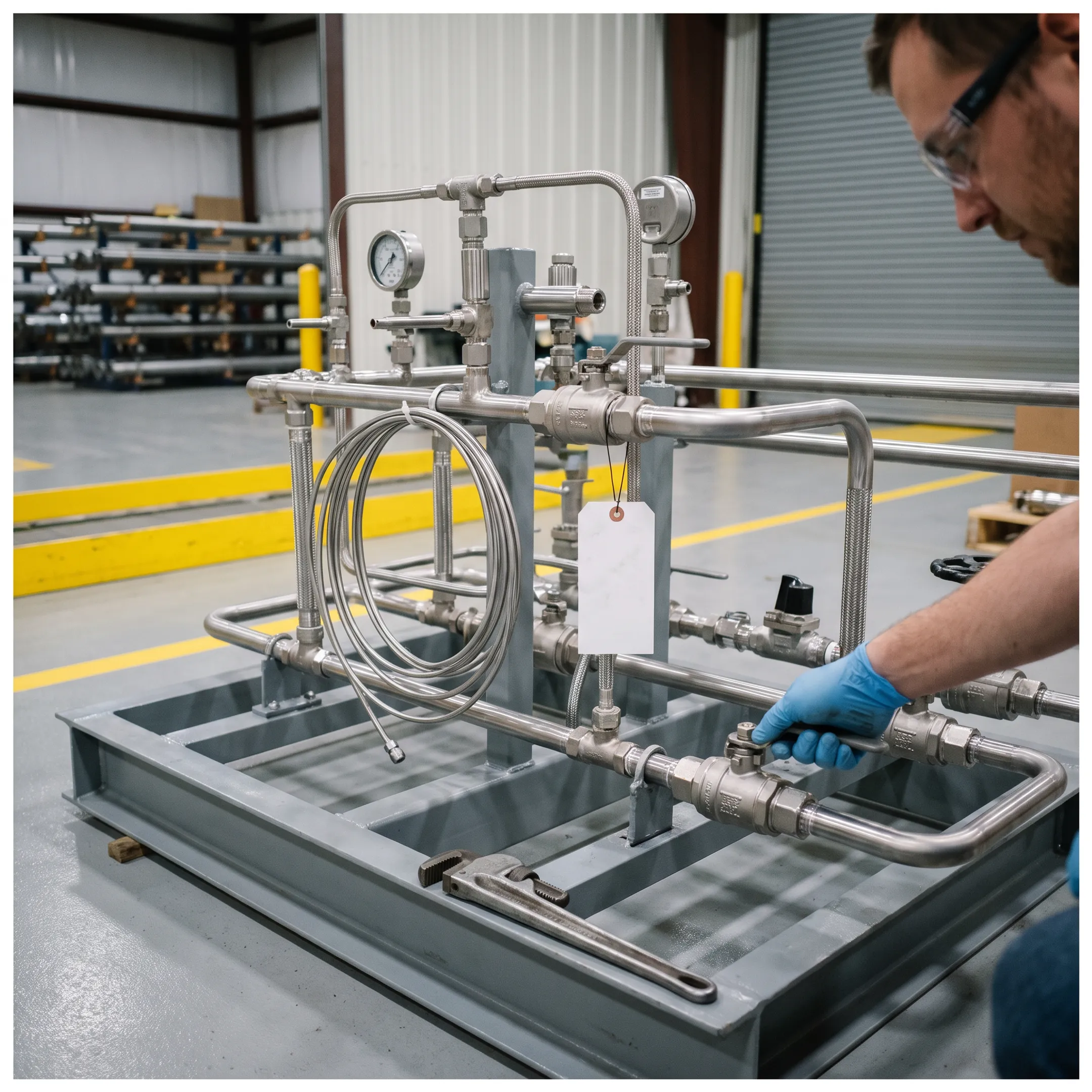 Skid assembly with stainless steel fittings