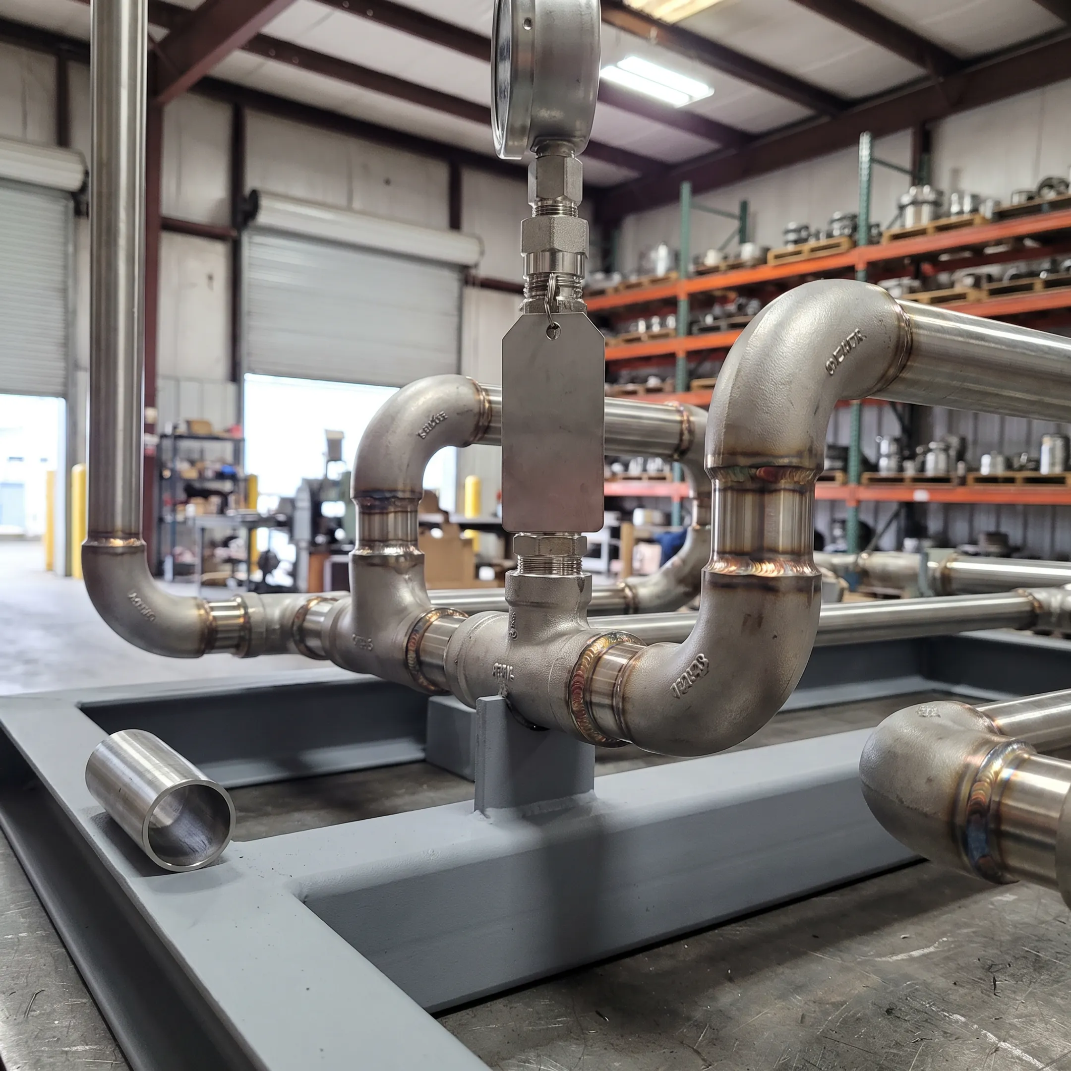 Industrial skid assembly with elbow fittings