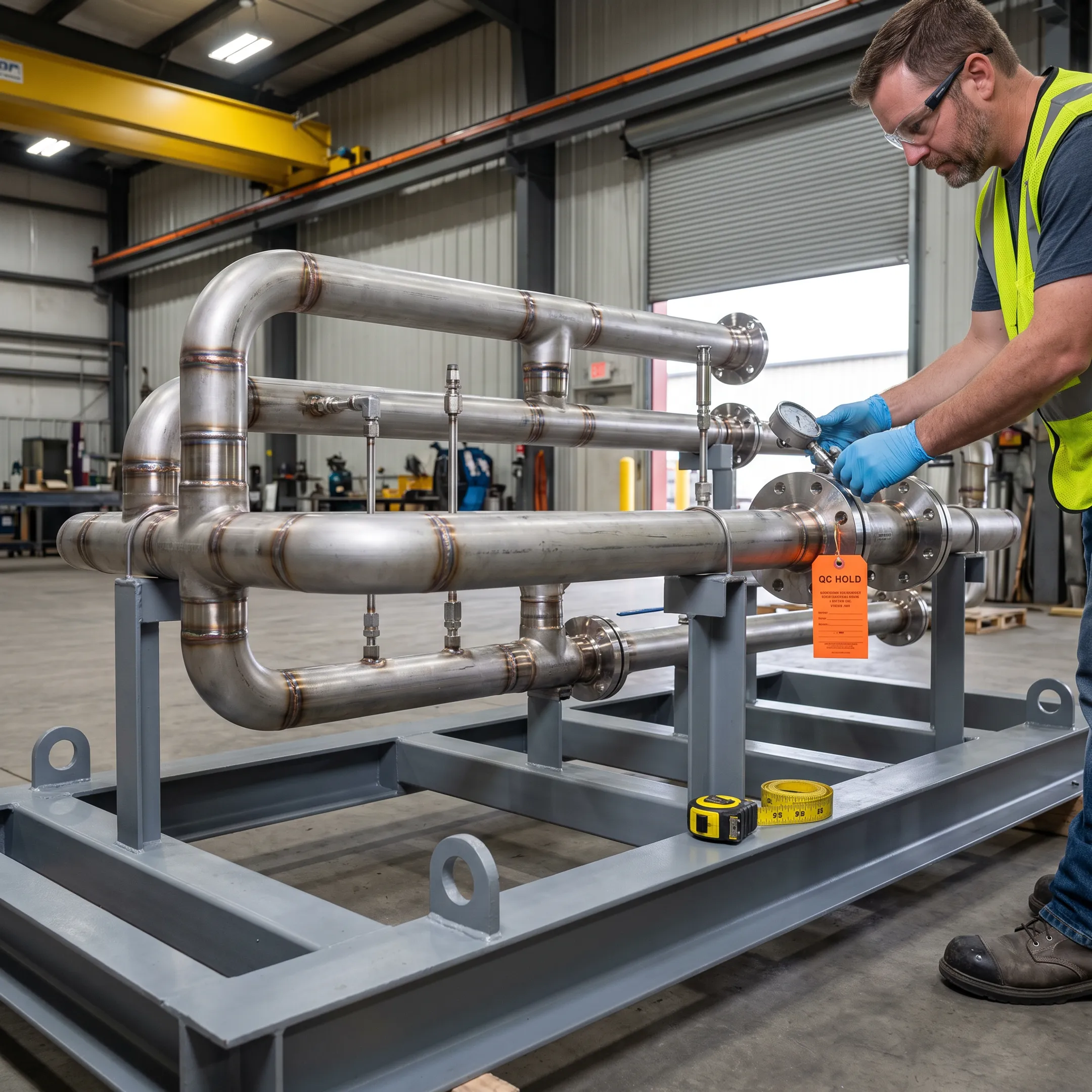 Pipe fittings in skid assembly