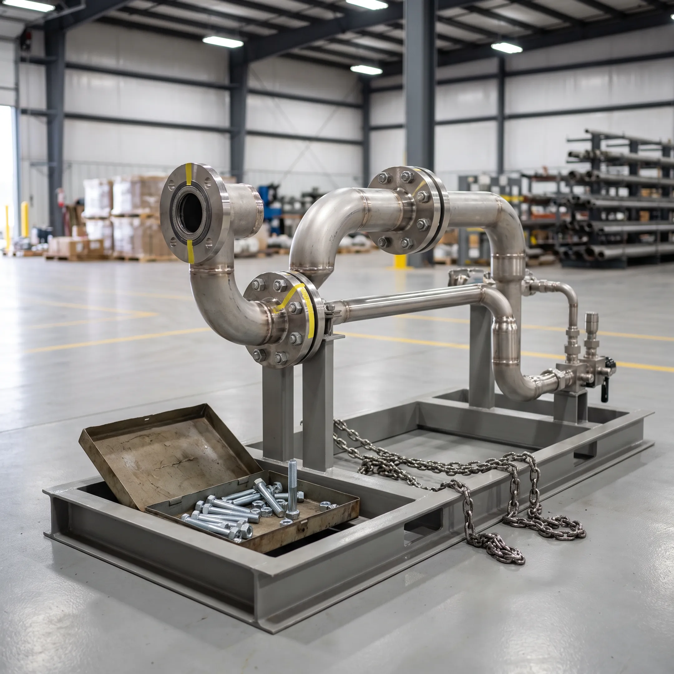 Skid assembly with stainless steel elbows