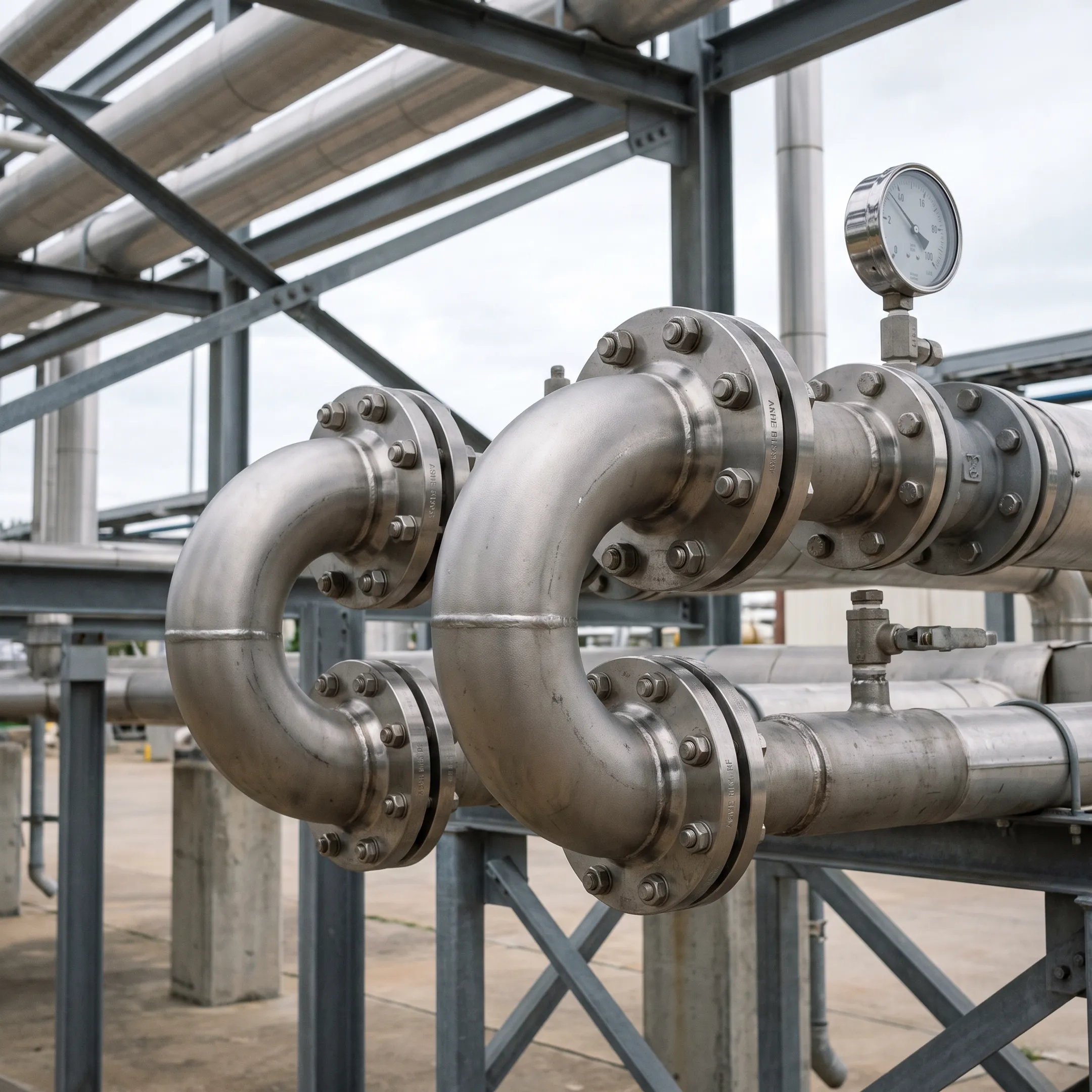 High-pressure industrial piping with stainless steel elbows