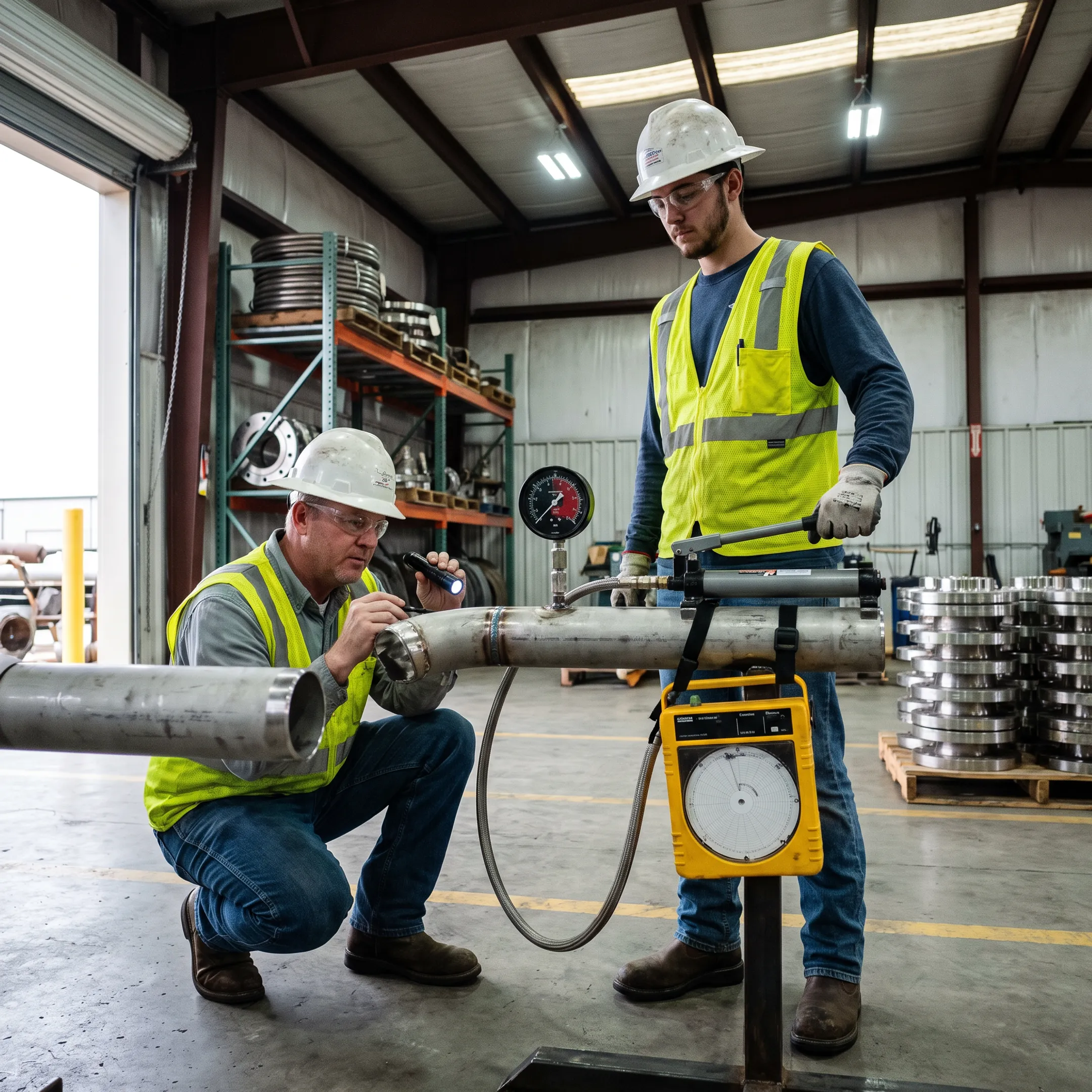 Pipe testing with stainless steel fittings